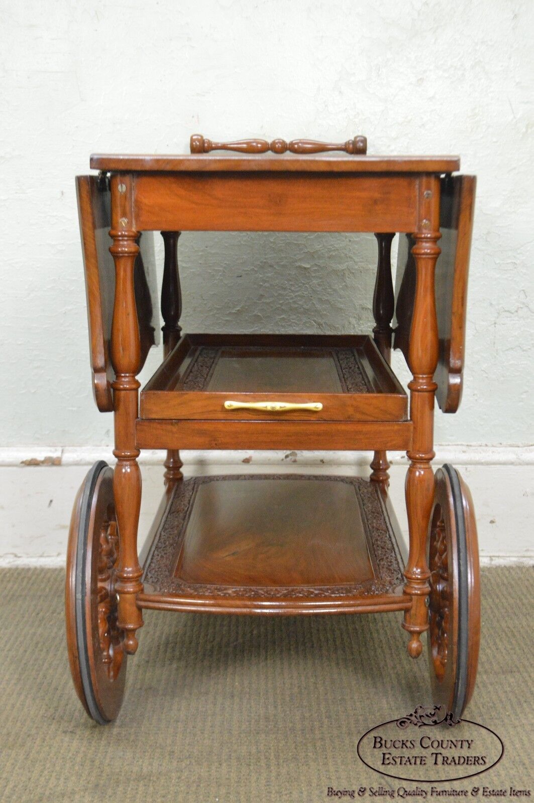 India Teak Wood Brass Marquetry Inlaid Serving Tea Cart