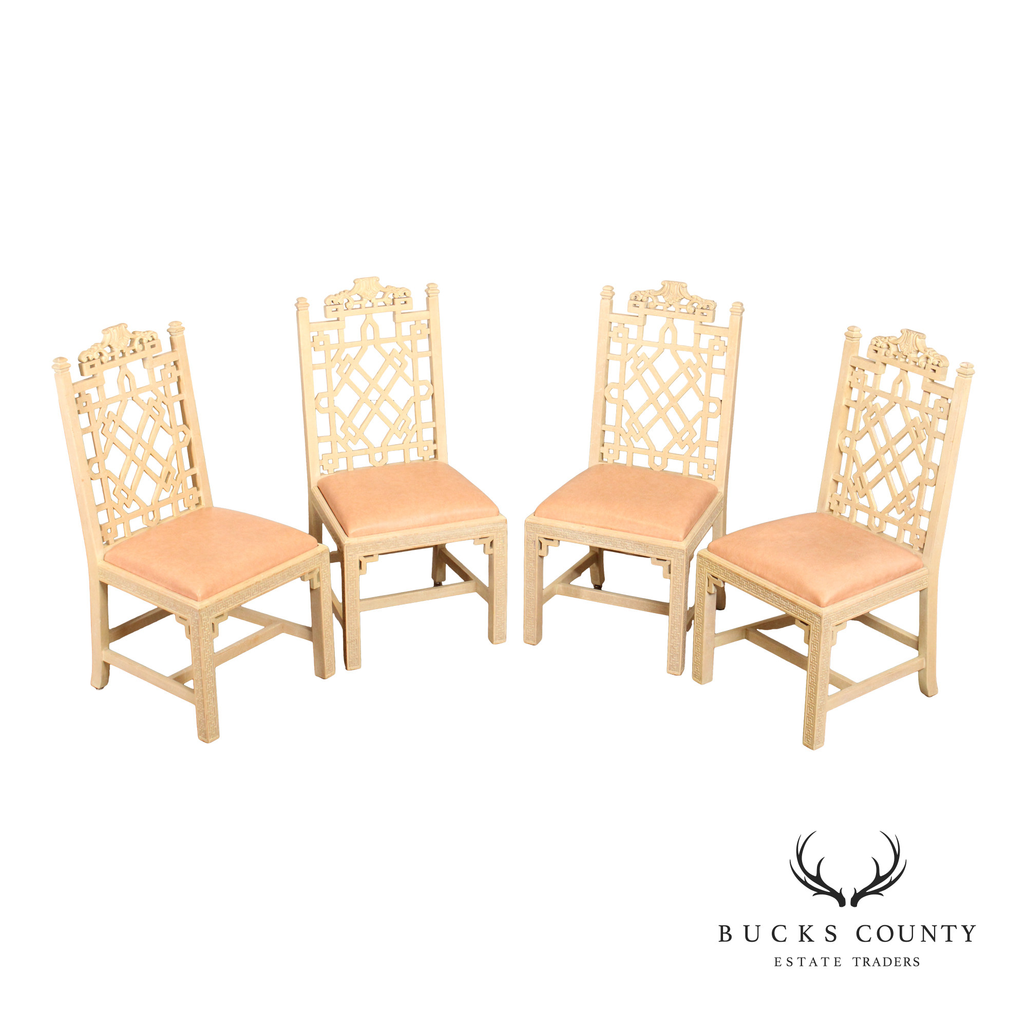 Chinese Chippendale Style  Vintage Set Of 4 Painted Dining Chairs