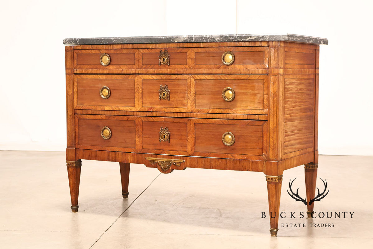 Antique French Neoclassical Marble Top Inlaid Three Drawer Chest