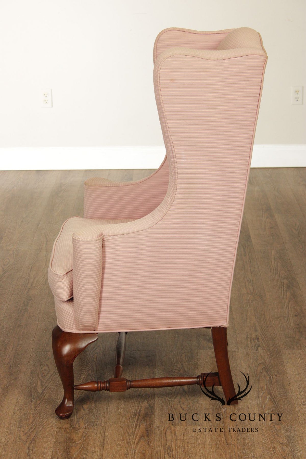 Custom Quality Vintage Pink Upholstered Wingback Chair With Cabriole Legs