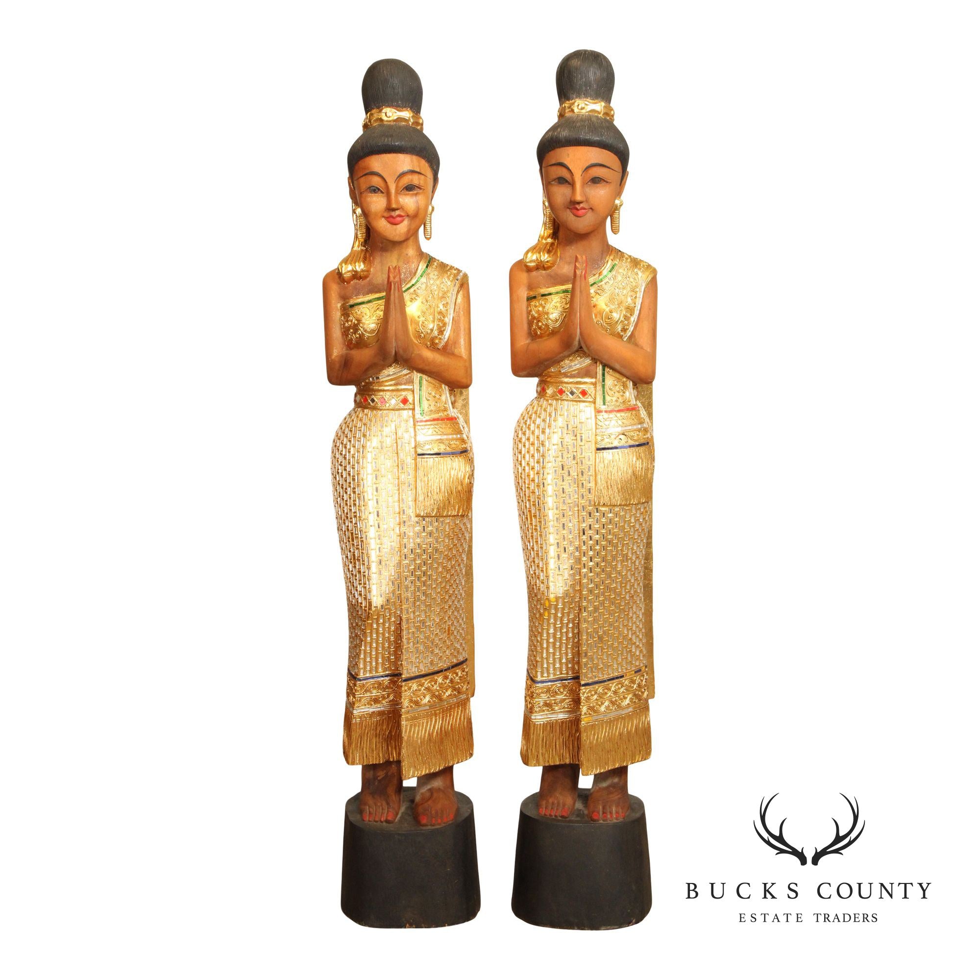 Thai Style Pair of 'Sawasdee' Carved Lady Statues