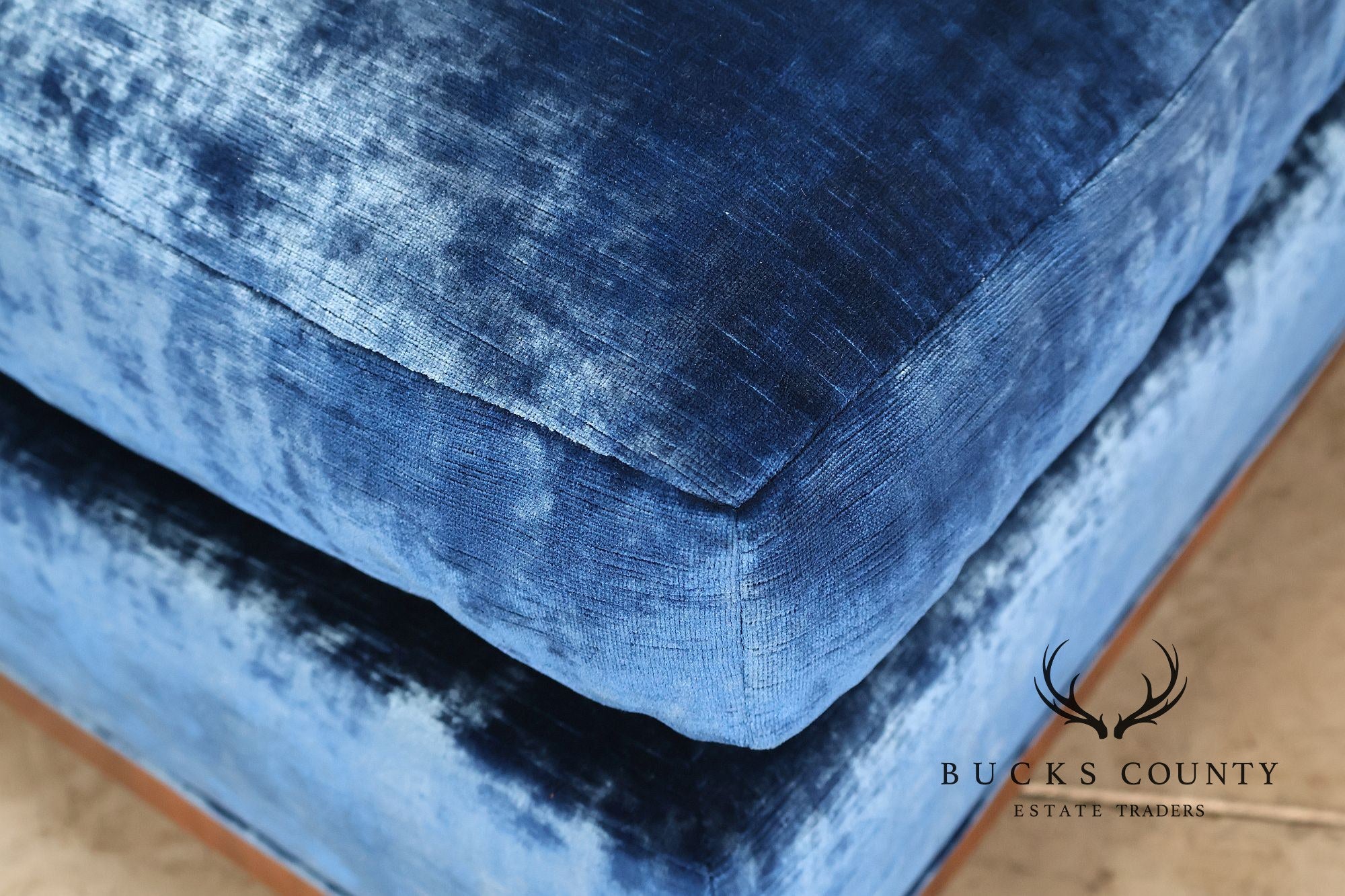 Art Deco Style Large Custom Blue Velvet and Mahogany Ottoman