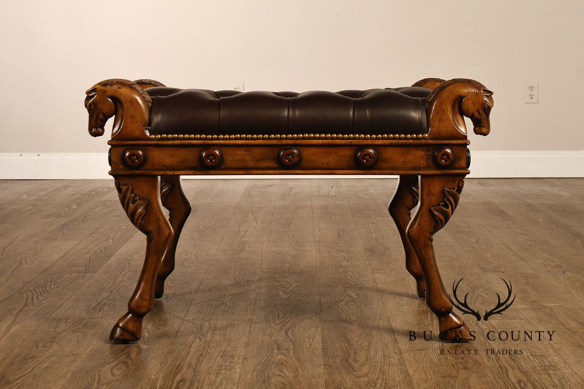 Theodore Alexander Regency Style Carved Horse Head Leather Bench