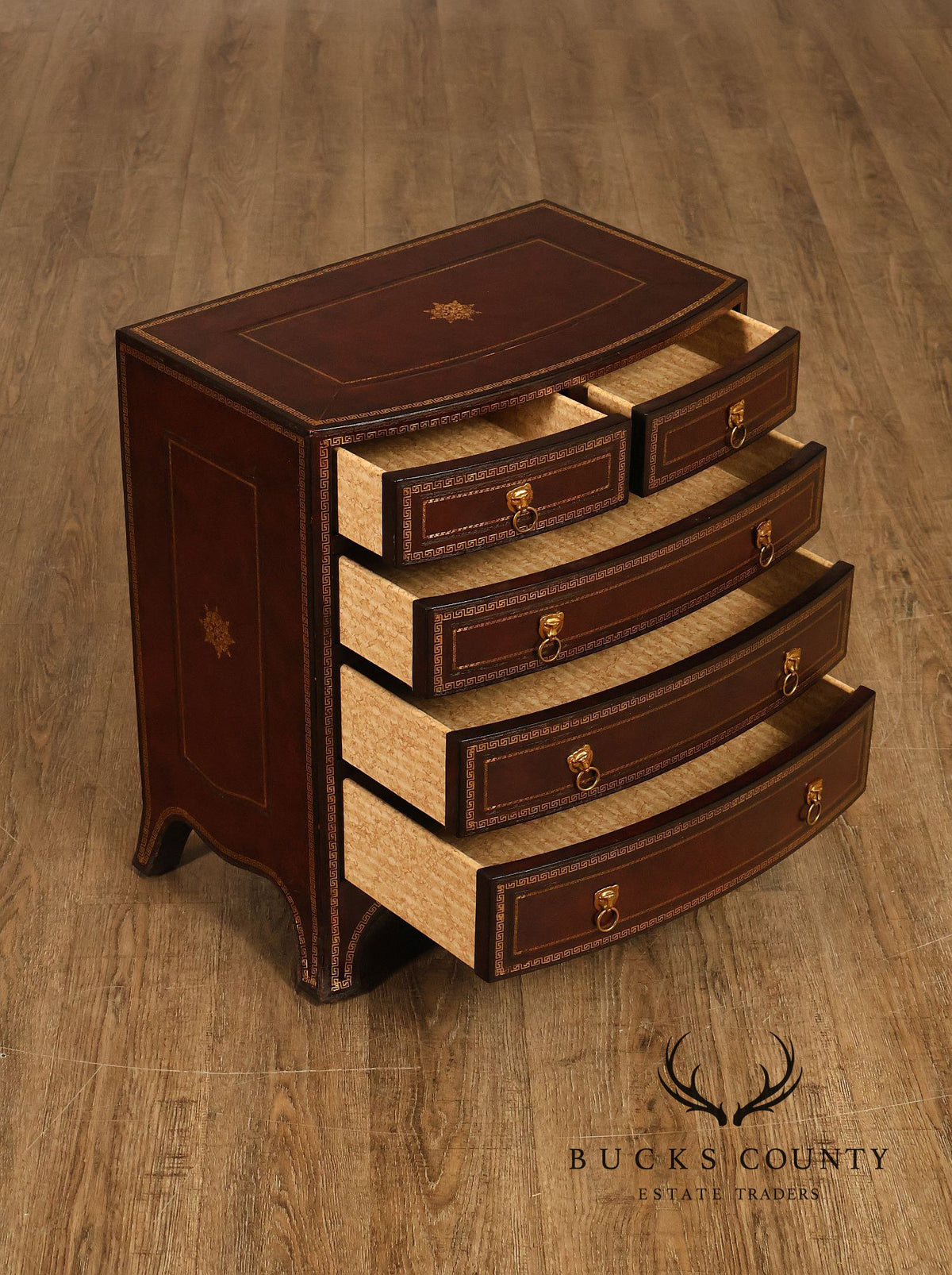 Maitland-Smith Neoclassical Leather Wrapped Bow Front Bedside Chest