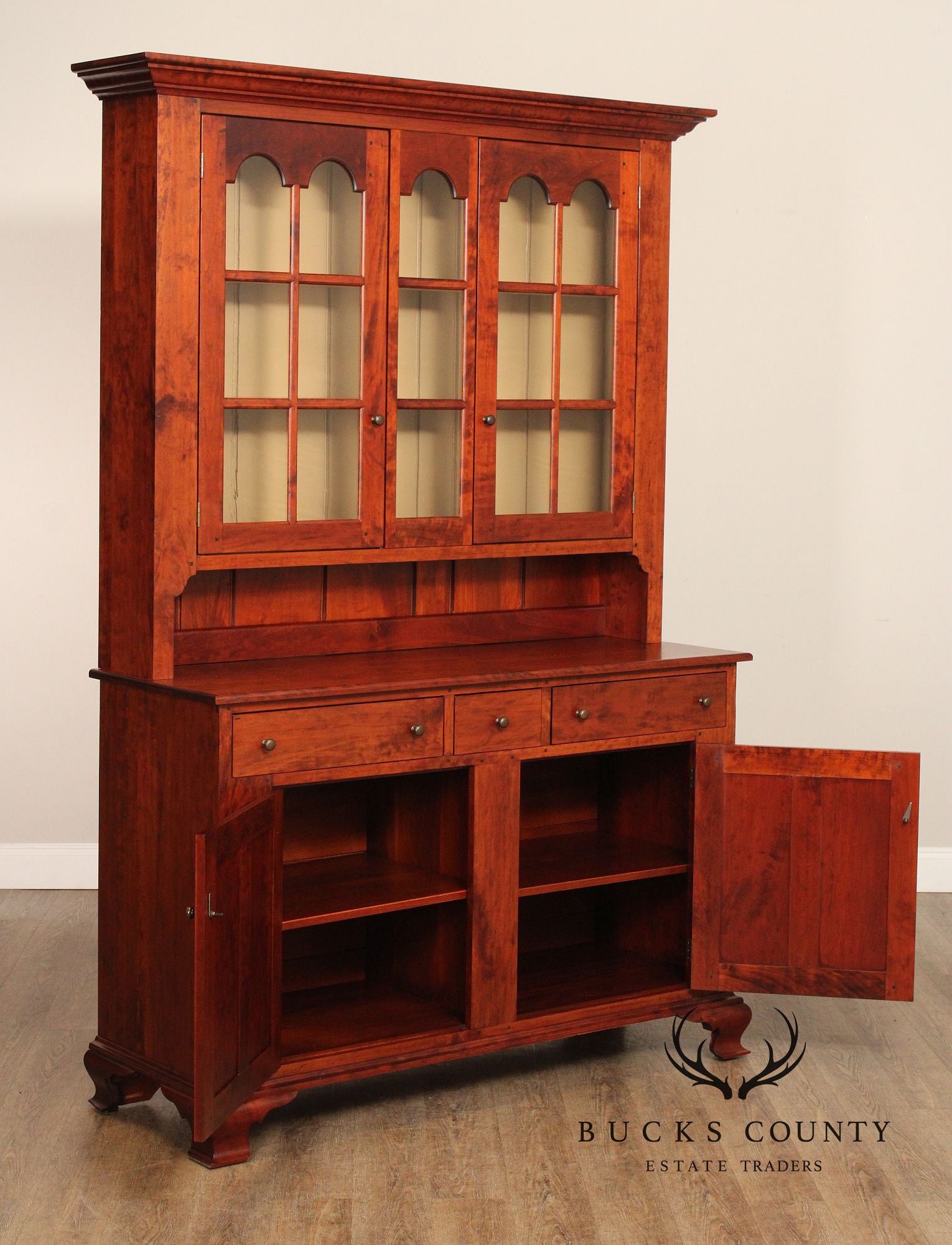 TWO PIECE BENCH-MADE CHERRY DISH CUPBOARD