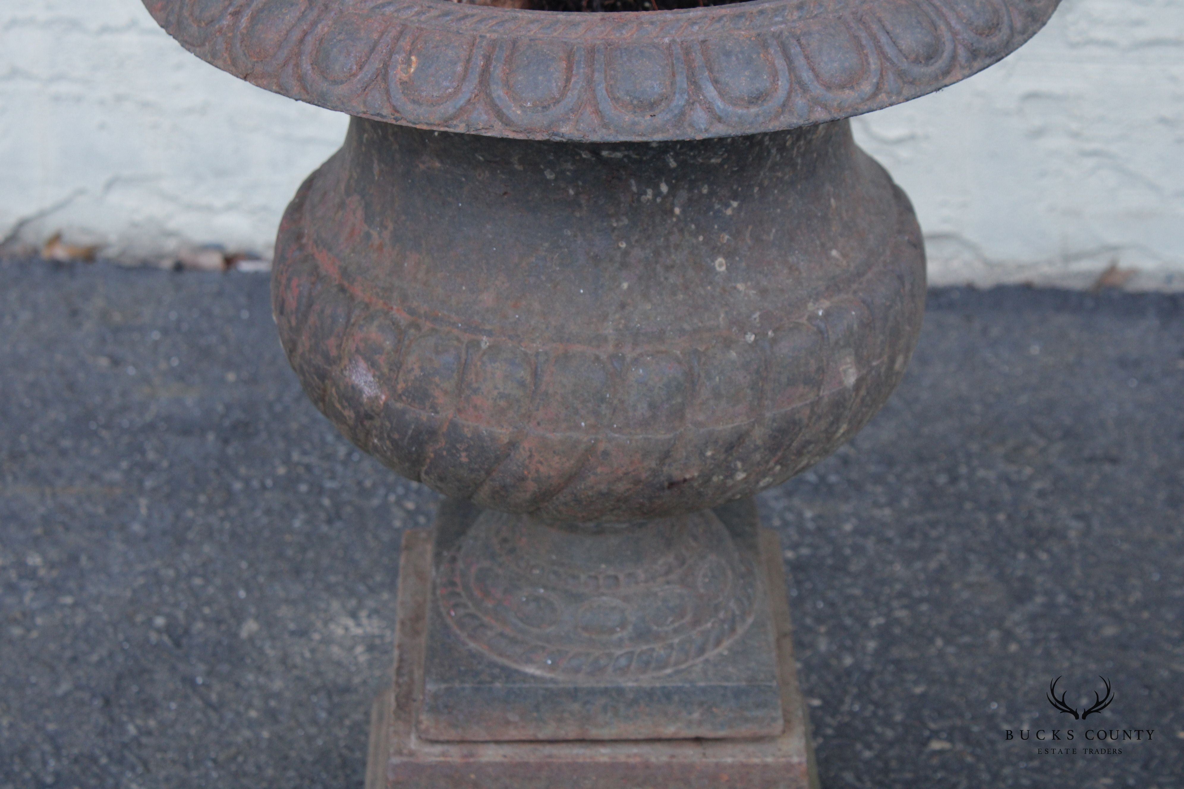 French Style Vintage Pair of Cast Iron Garden Urns