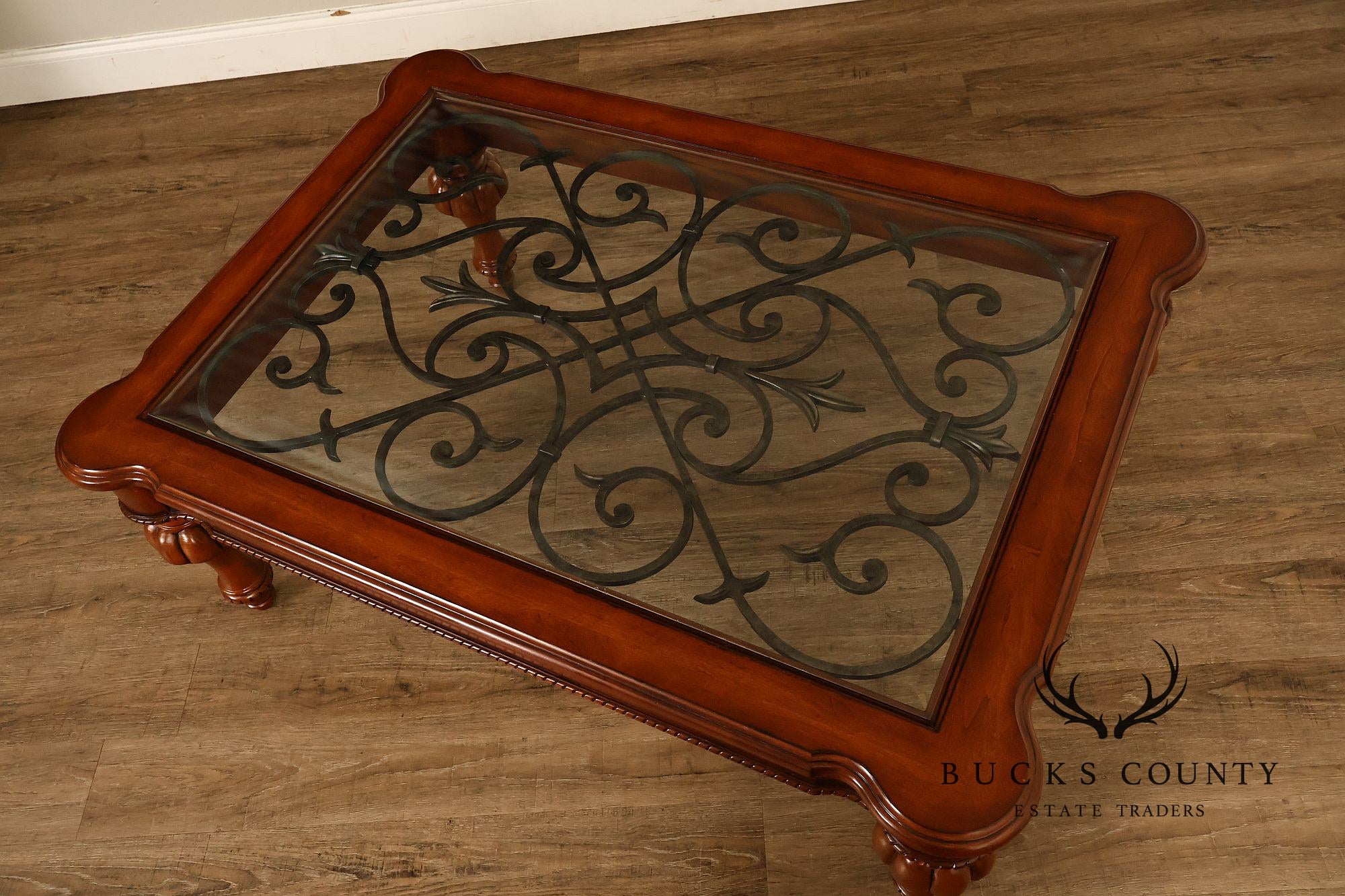 Ethan Allen Tuscany Glass Top Coffee Table With Iron Scroll Base