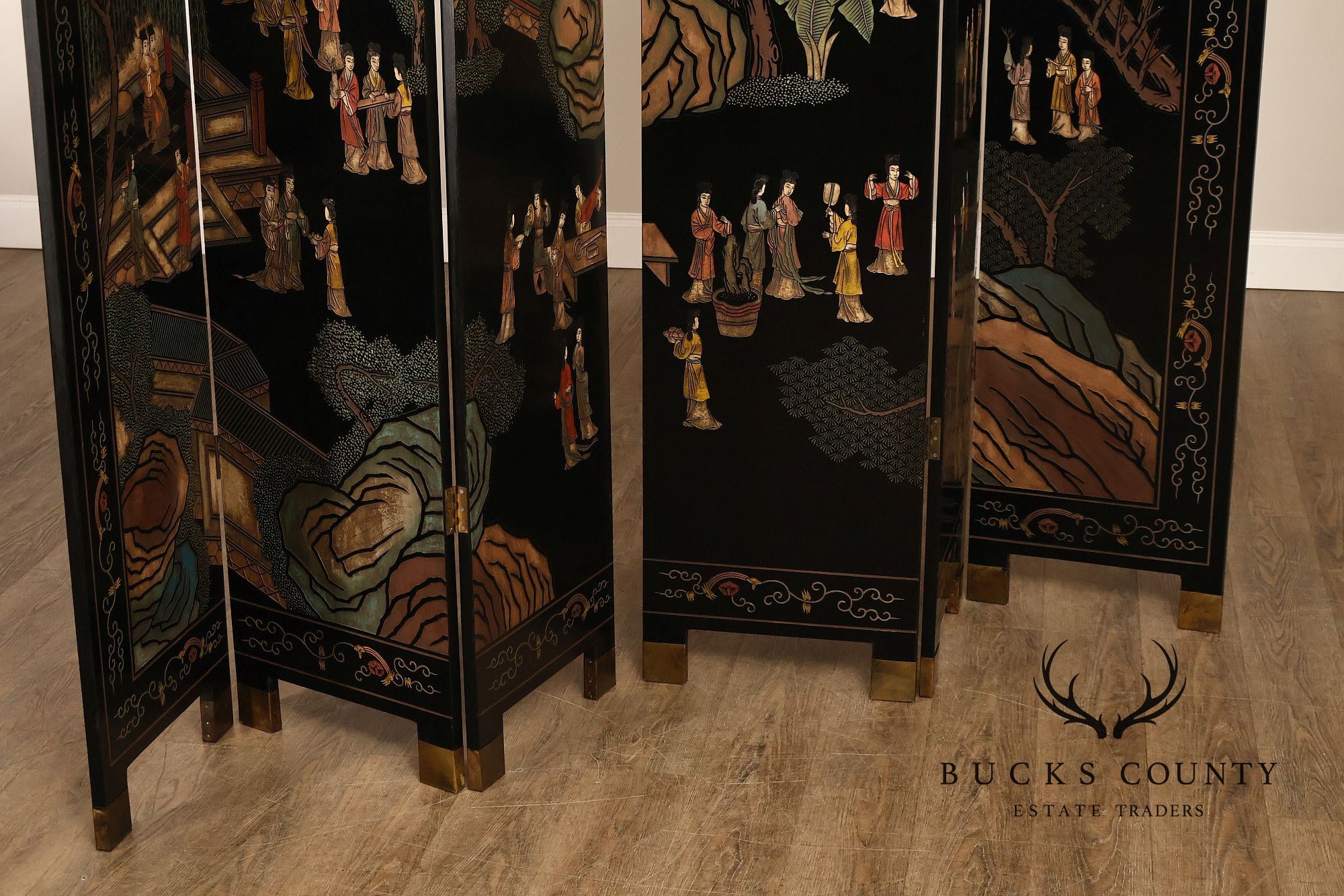 Asian Style Black Vintage Lacquer Six Panel Folding Screen