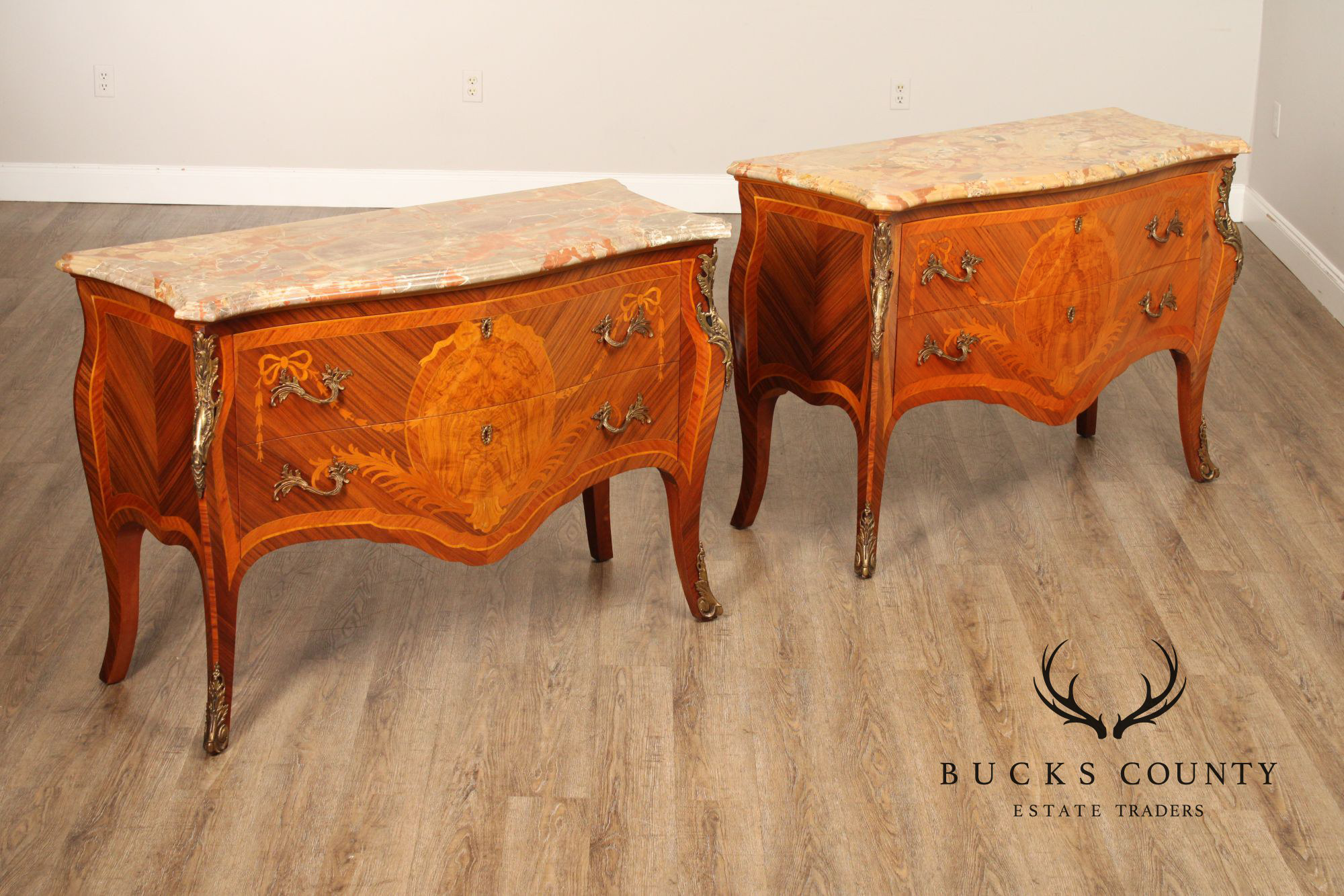 Louis XV Style Pair Of Marquetry Inlaid Marble Top Bombe Commodes