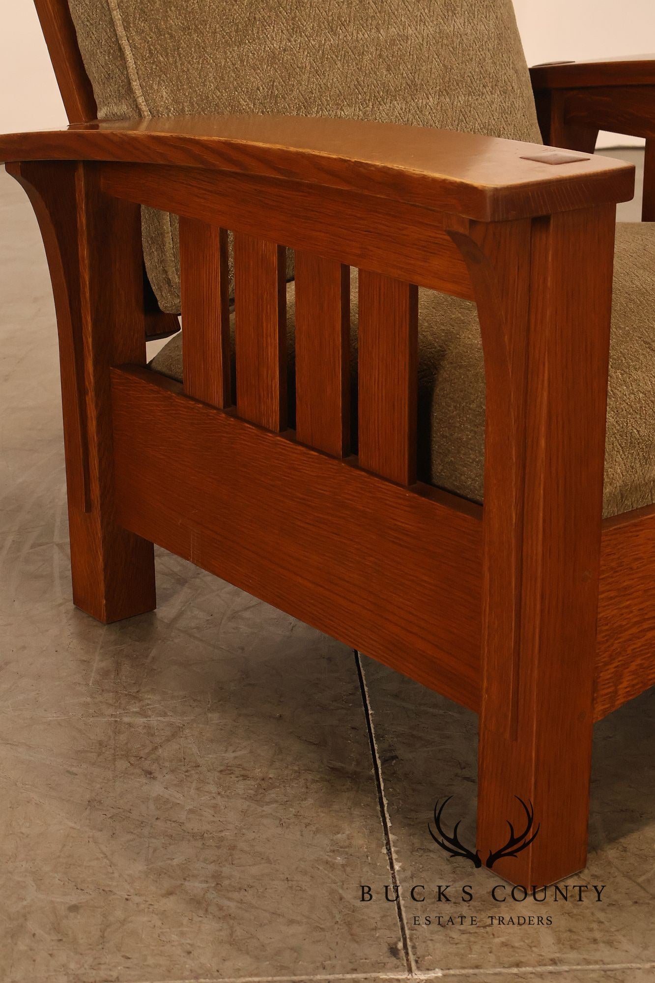 Stickley Mission Collection Oak And Custom Upholstery Bow Arm Morris Chair