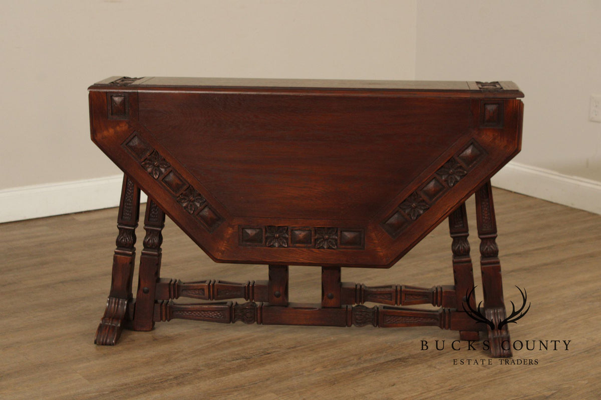 Rom Weber Viking Jacobean Style Carved Oak Drop-Leaf Table
