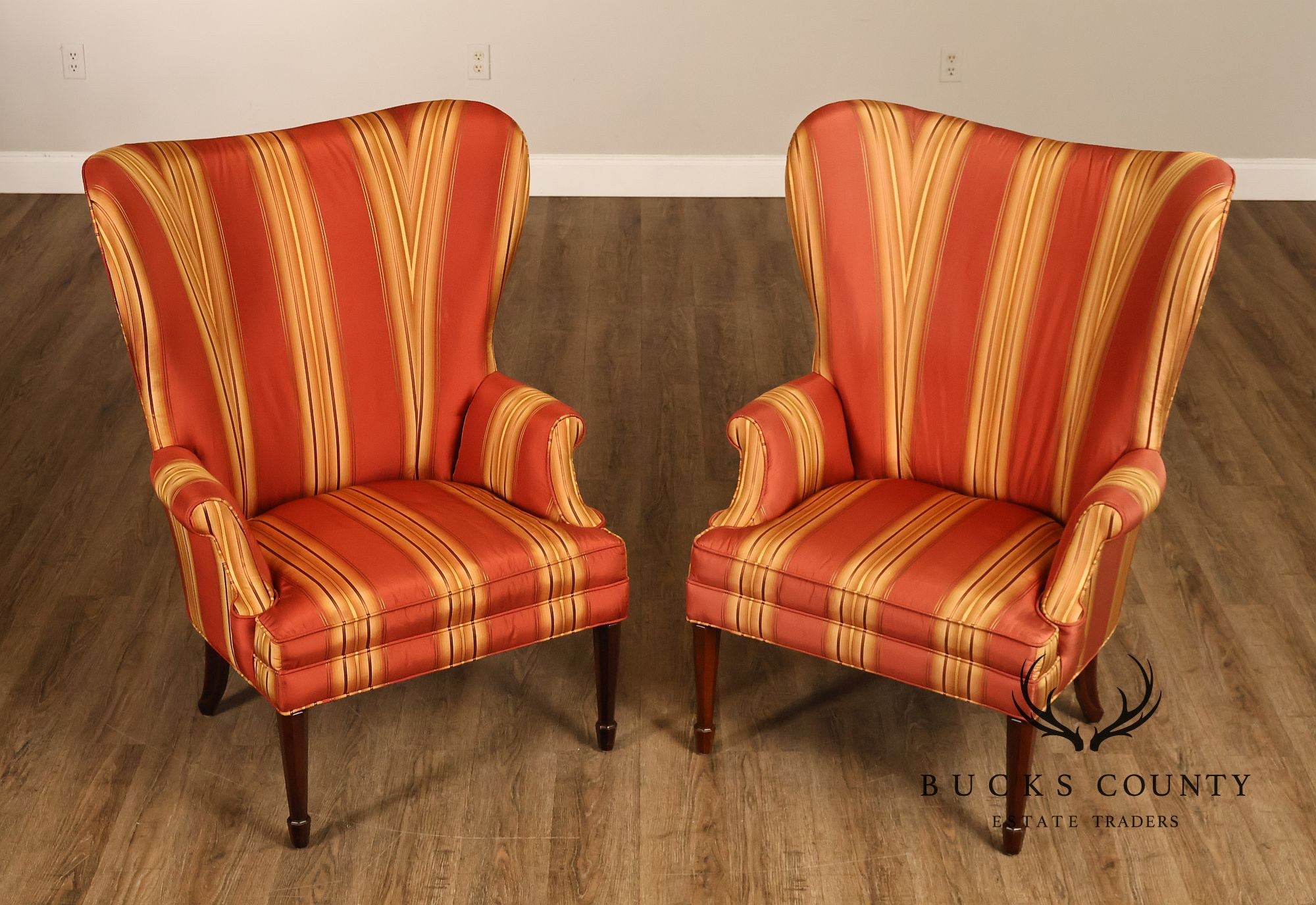 Custom Quality Pair Of Mahogany Fanback Wing Chairs