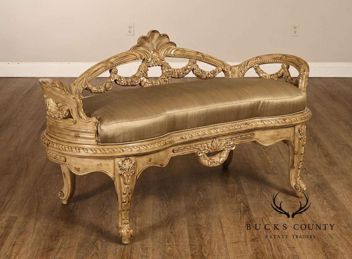 French Louis XV Style Carved Painted Upholstered Bench