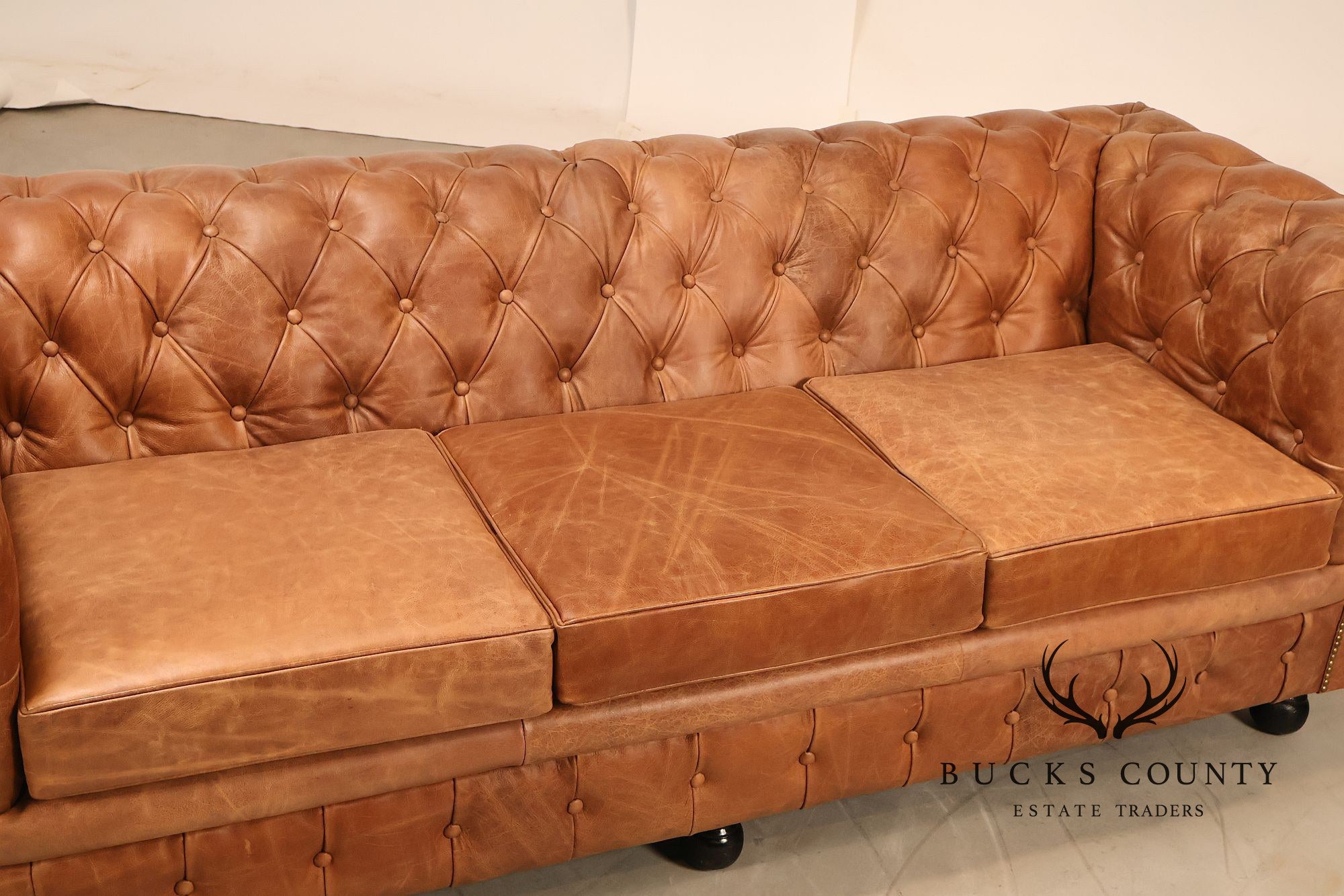 Chesterfield Style 7 Foot Distressed Brown Tufted Leather Sofa