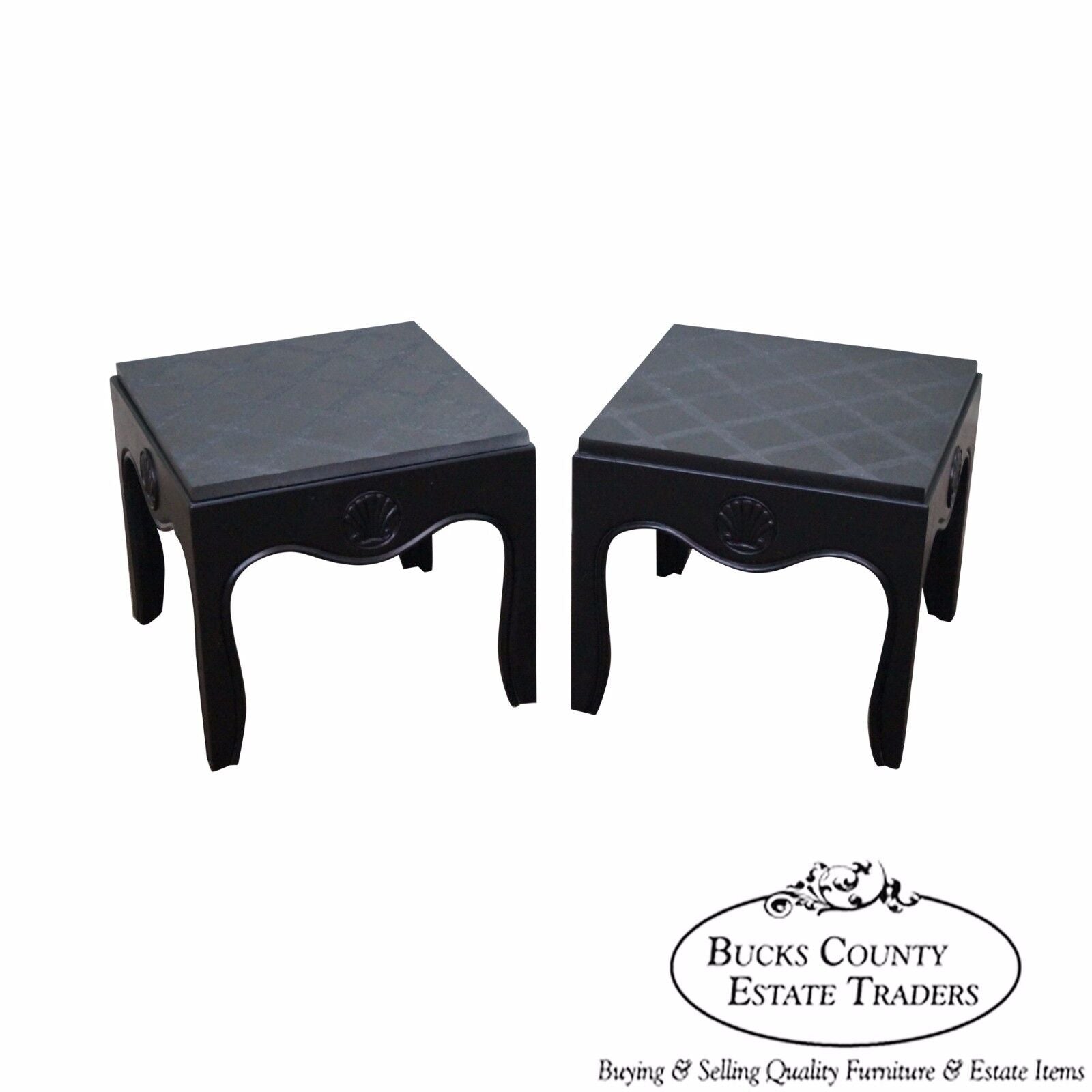 Mid Century Pair of Ebonized Black Low Slate Top Side Tables