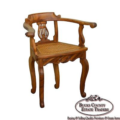 Anglo Indian Solid Padauk Wood Carved Lyre Back Cane Seat Arm Chair