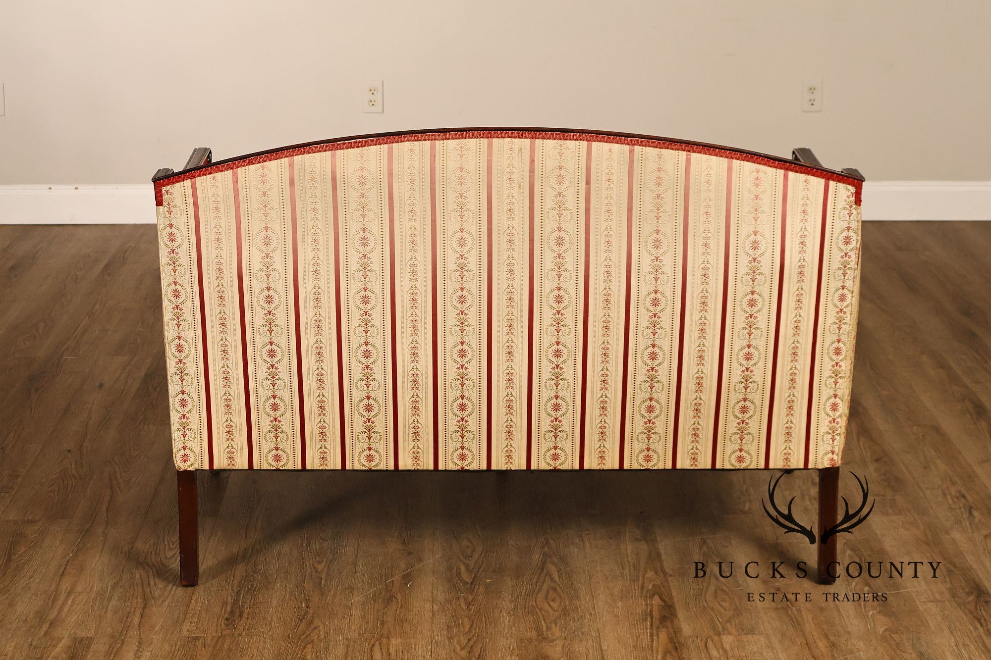 Vintage Sheraton Style Mahogany Inlaid Upholstered Loveseat