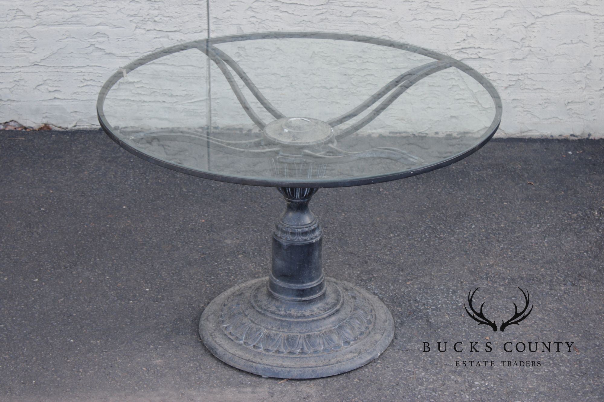 Vintage Cast Aluminum Round Glass Top Outdoor Patio Dining Table