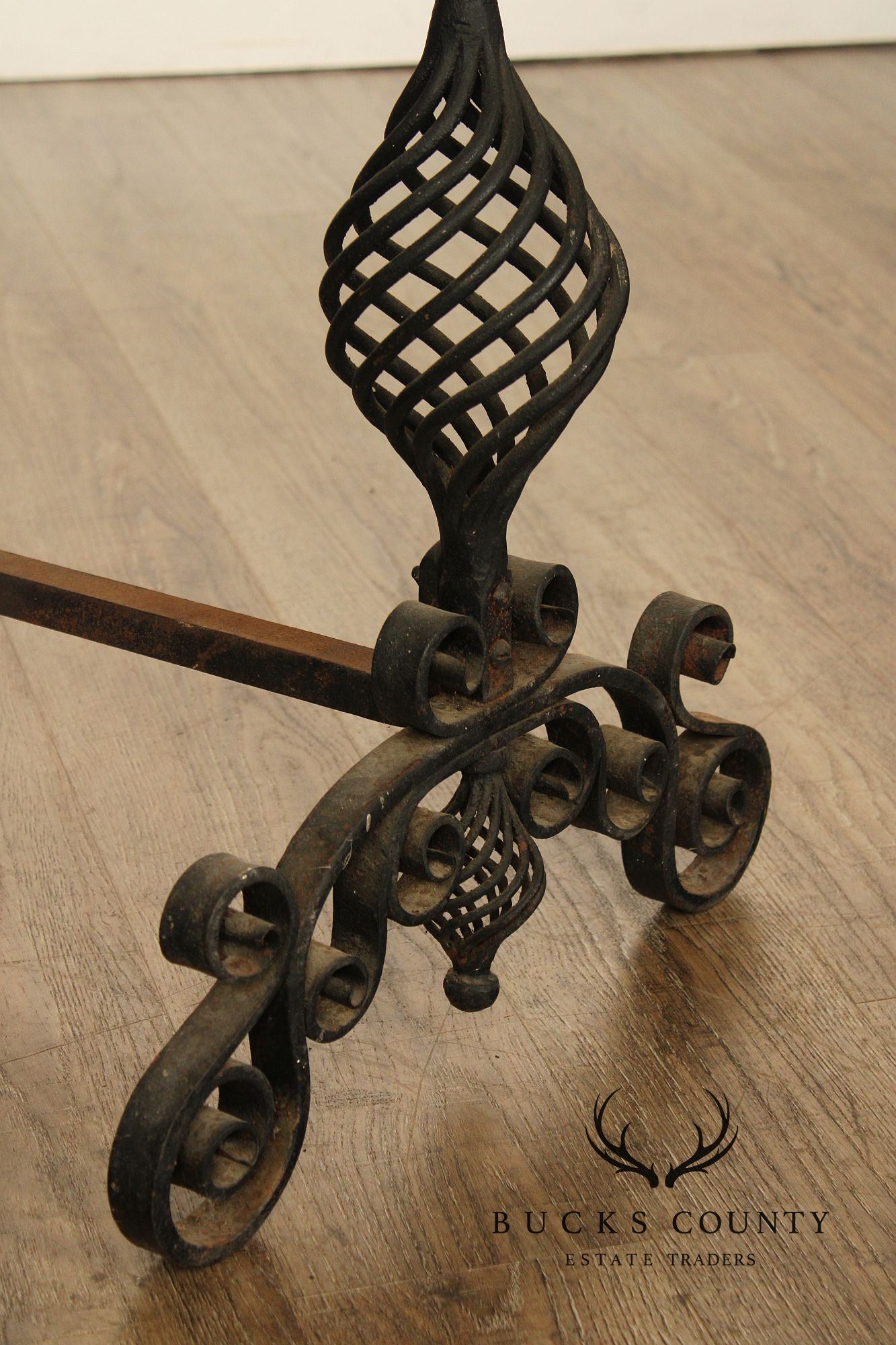 Arts & Crafts Pair of Scrolling Wrought Iron Andirons