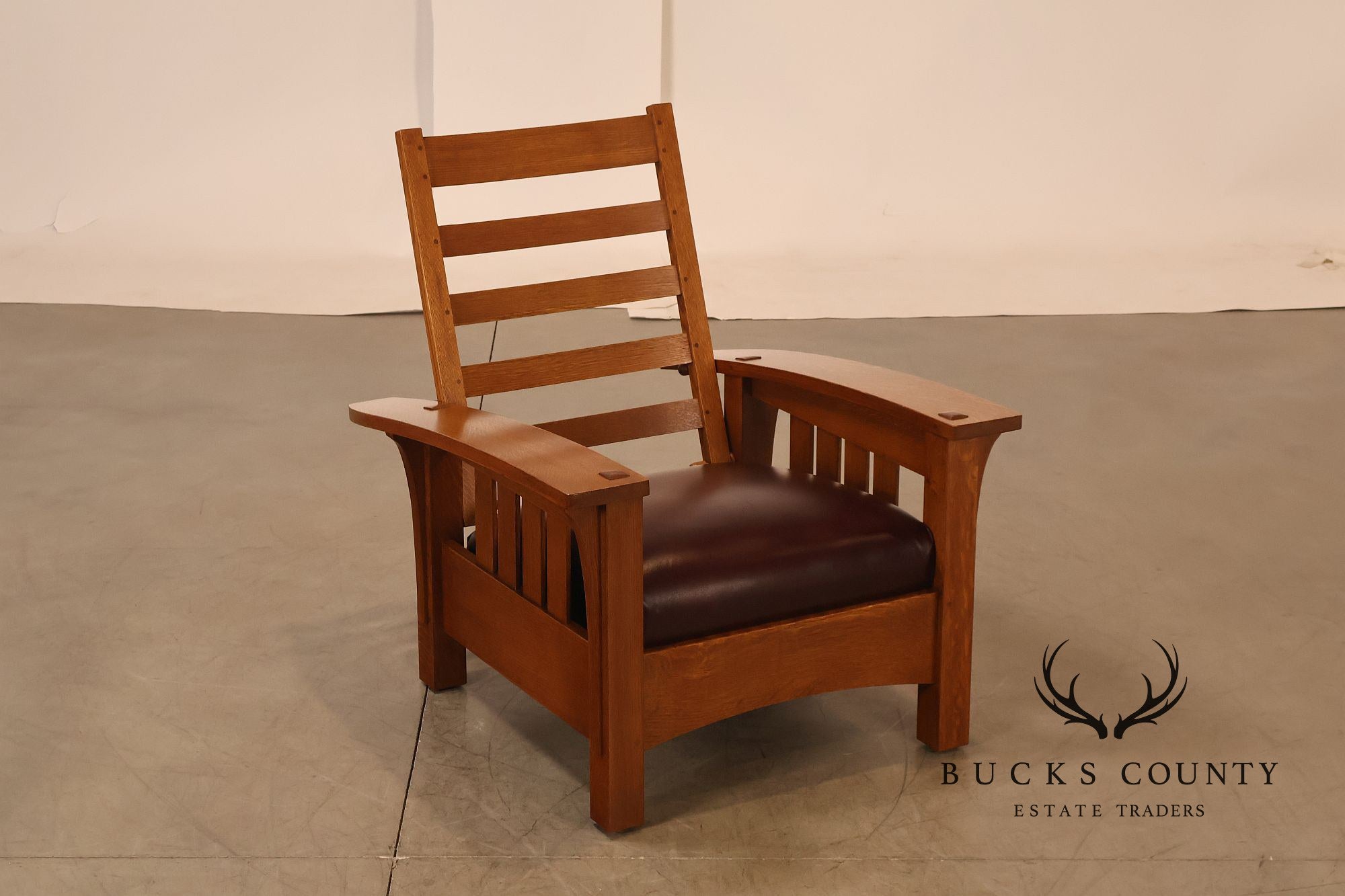 Stickley Mission Collection Pair Of Oak & Leather Bow Arm Morris Chairs
