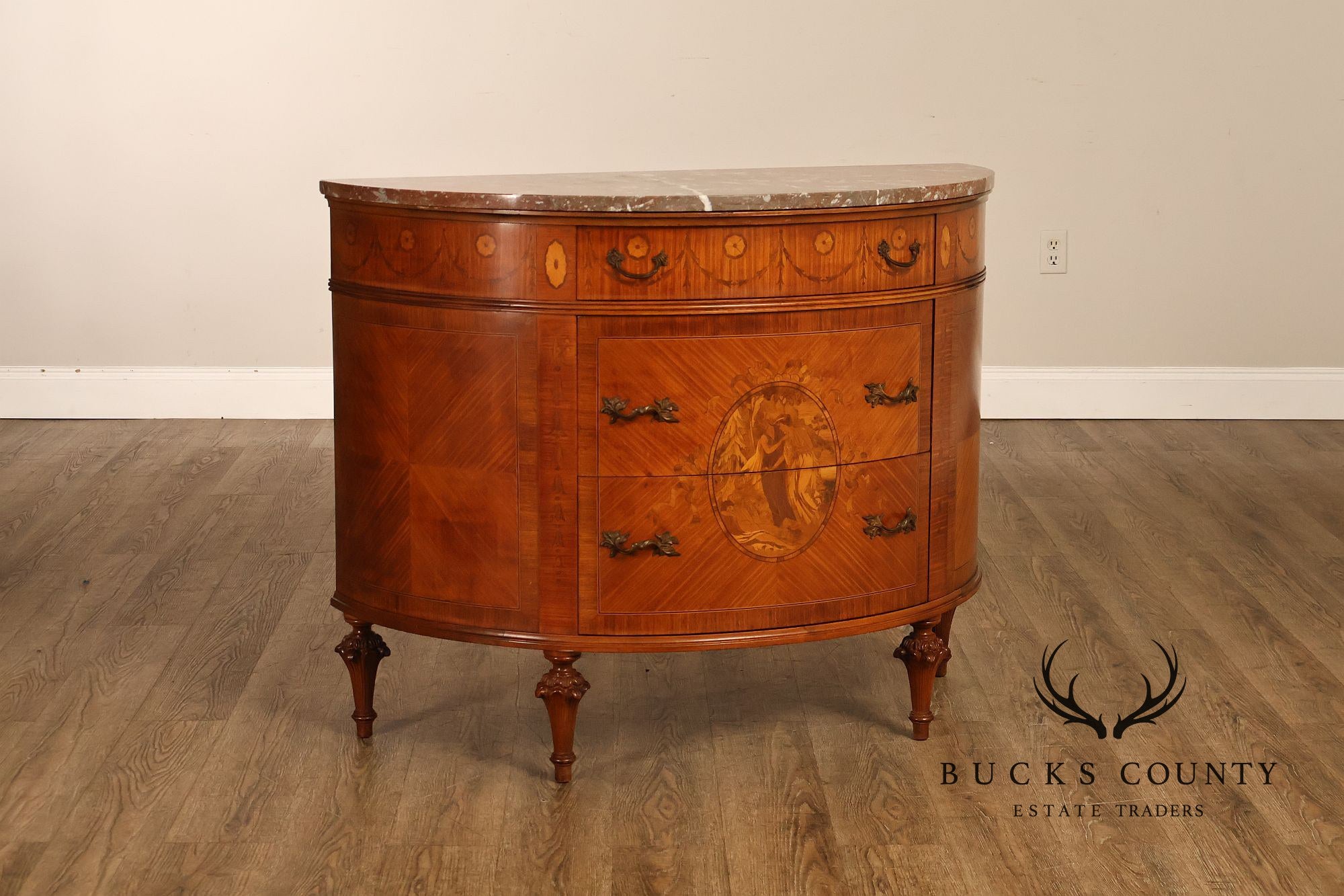 Antique French Louis XVI Neoclassical Inlaid Demilune Marble Top Commode