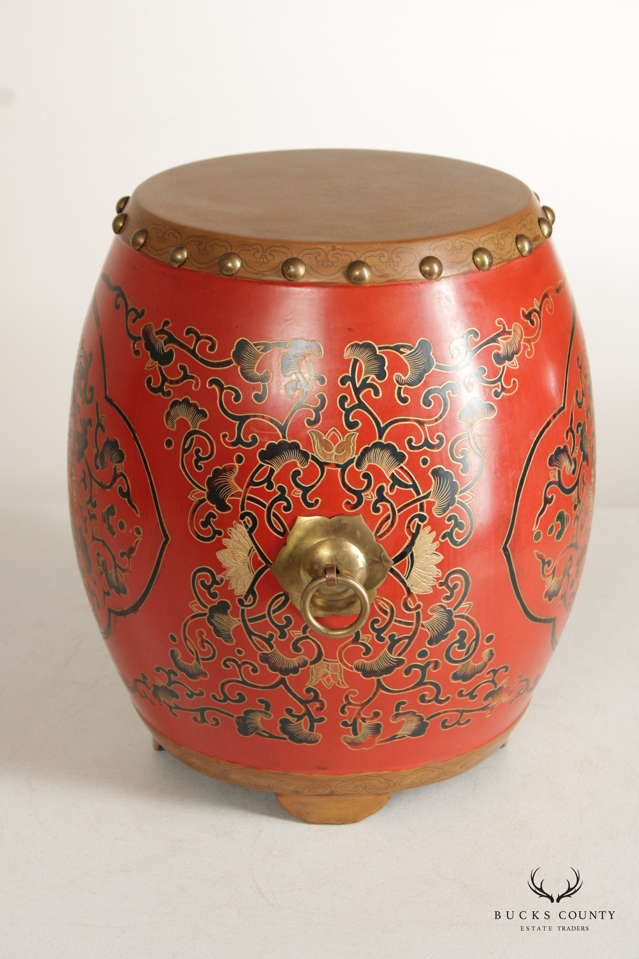 Asian Inspired Style Pair of Hand Painted Wooden Drum Stools