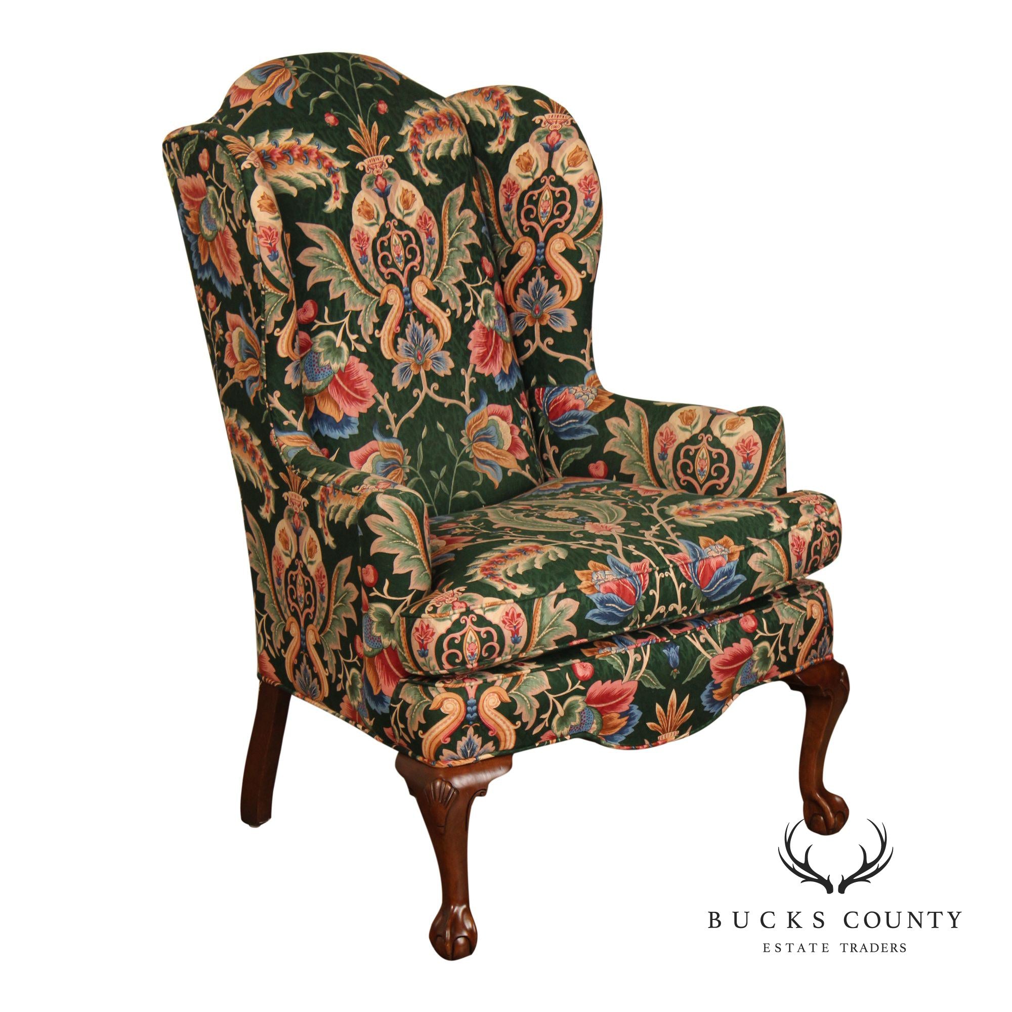 Ethan Allen Floral Upholstered Chippendale Style Wingback Chair