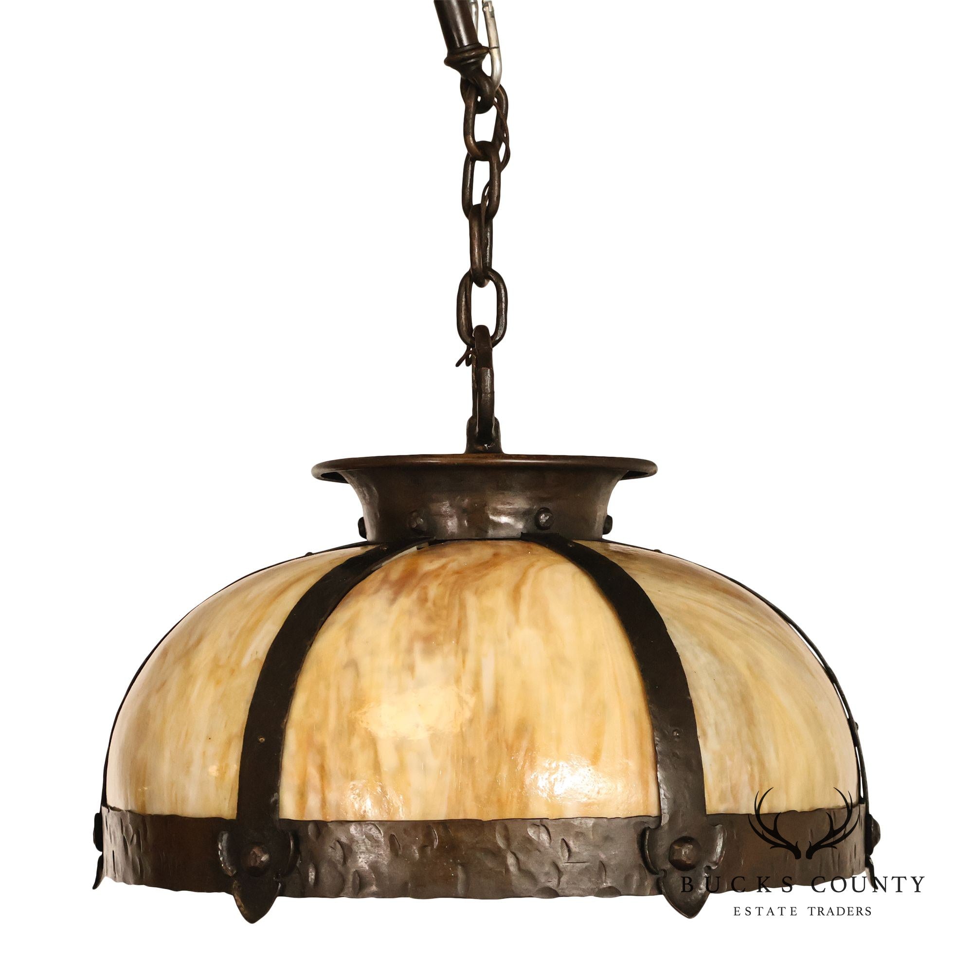 Antique Arts & Crafts Style Slag Glass Dome Pendant Chandelier