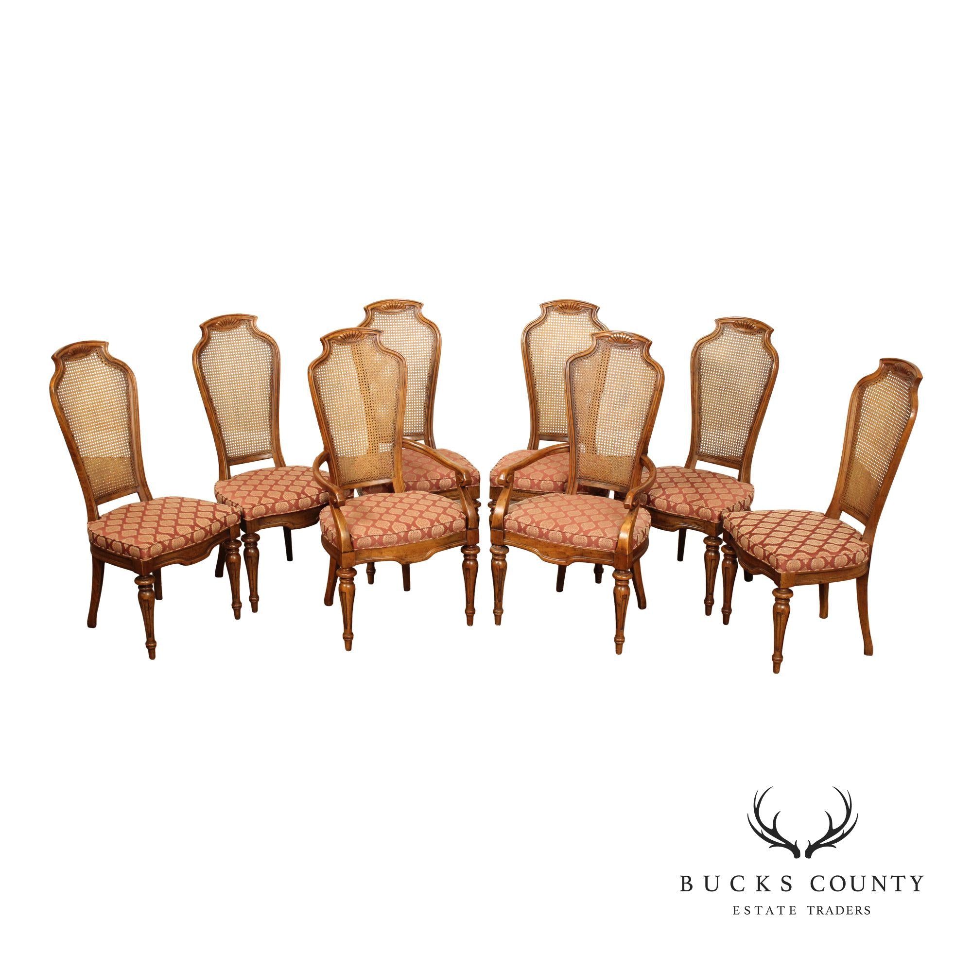 Italian Provincial Style Set of Eight Walnut Cane Back Dining Chairs