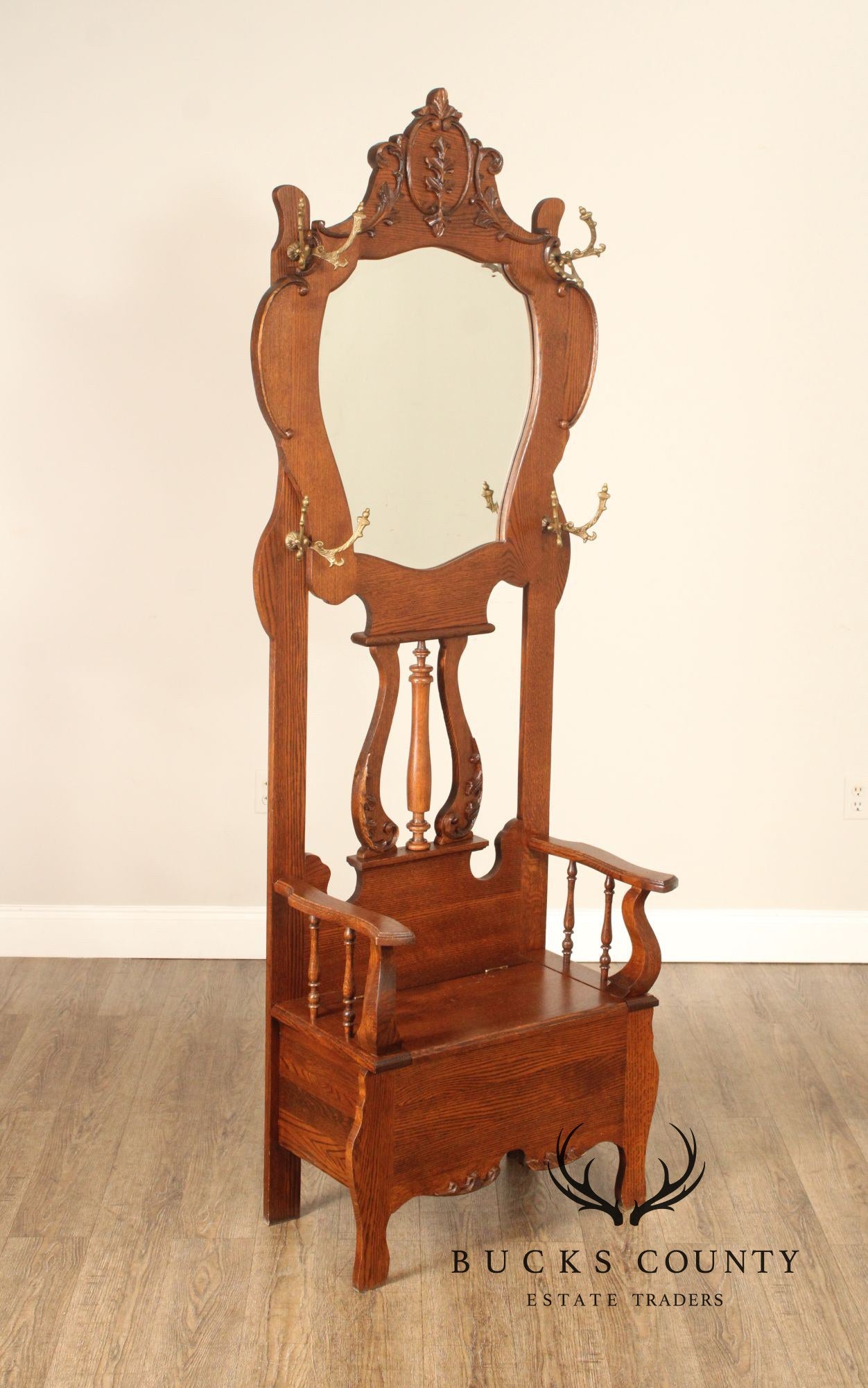 Victorian Style Vintage Oak Hall Tree With Mirror