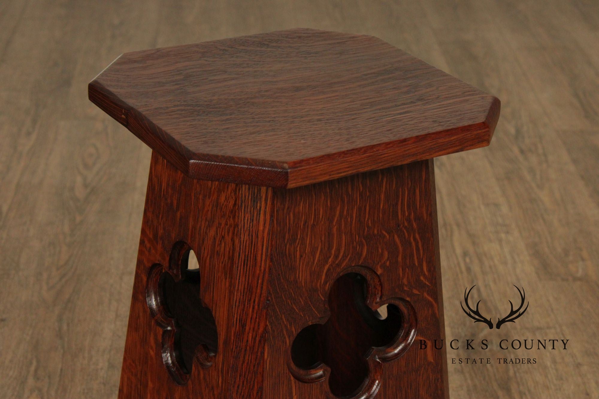 Arts and Crafts Antique Pair of Oak Cut-Out Taboret Side Tables