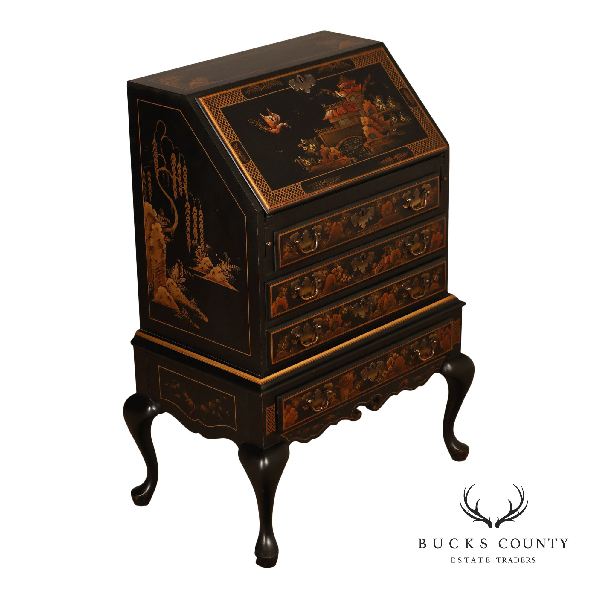 Queen Anne Style Chinoiserie Slant Front Writing Desk
