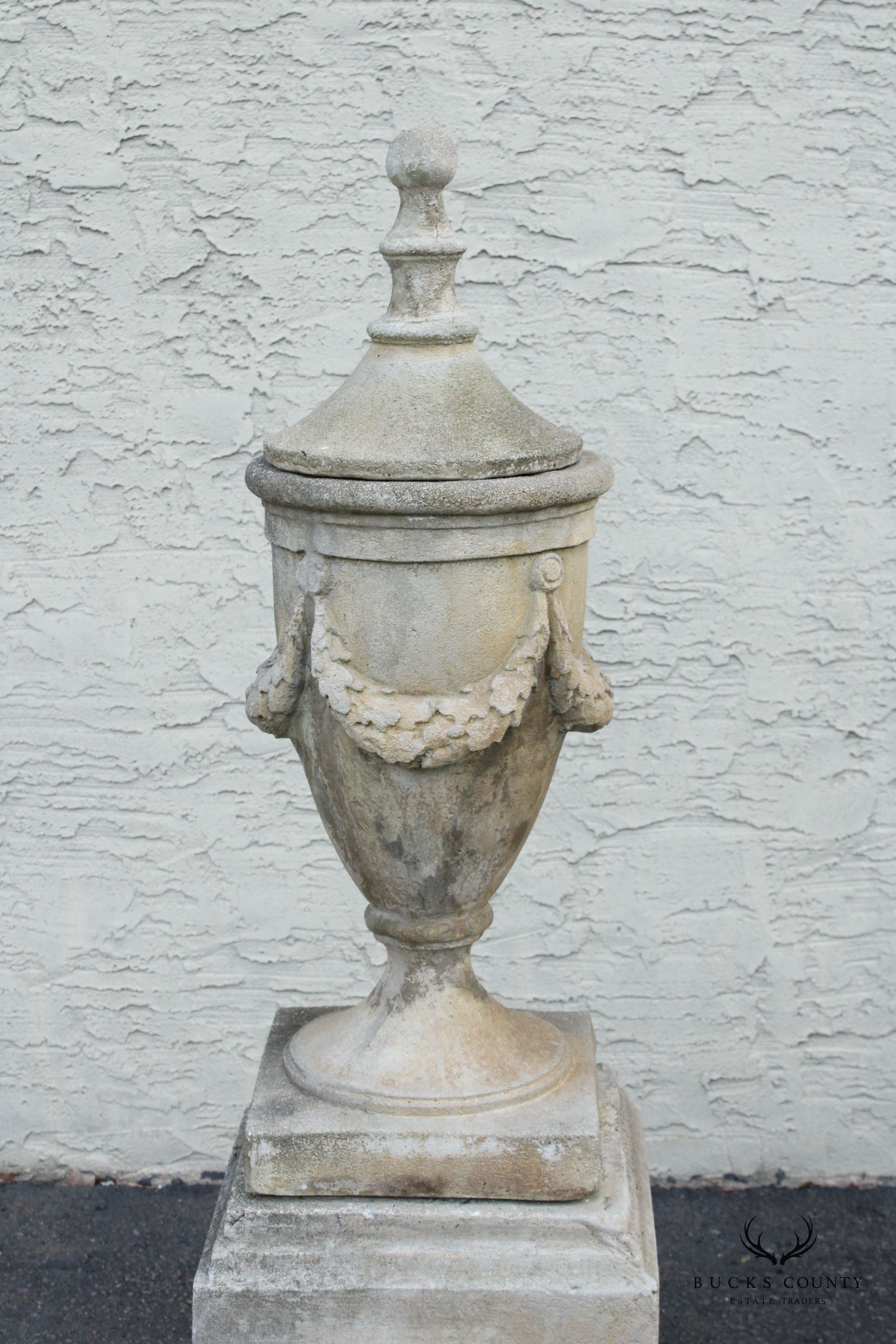 Pair Of Neoclassical Style Cast Stone Garden Urns On Pedestals