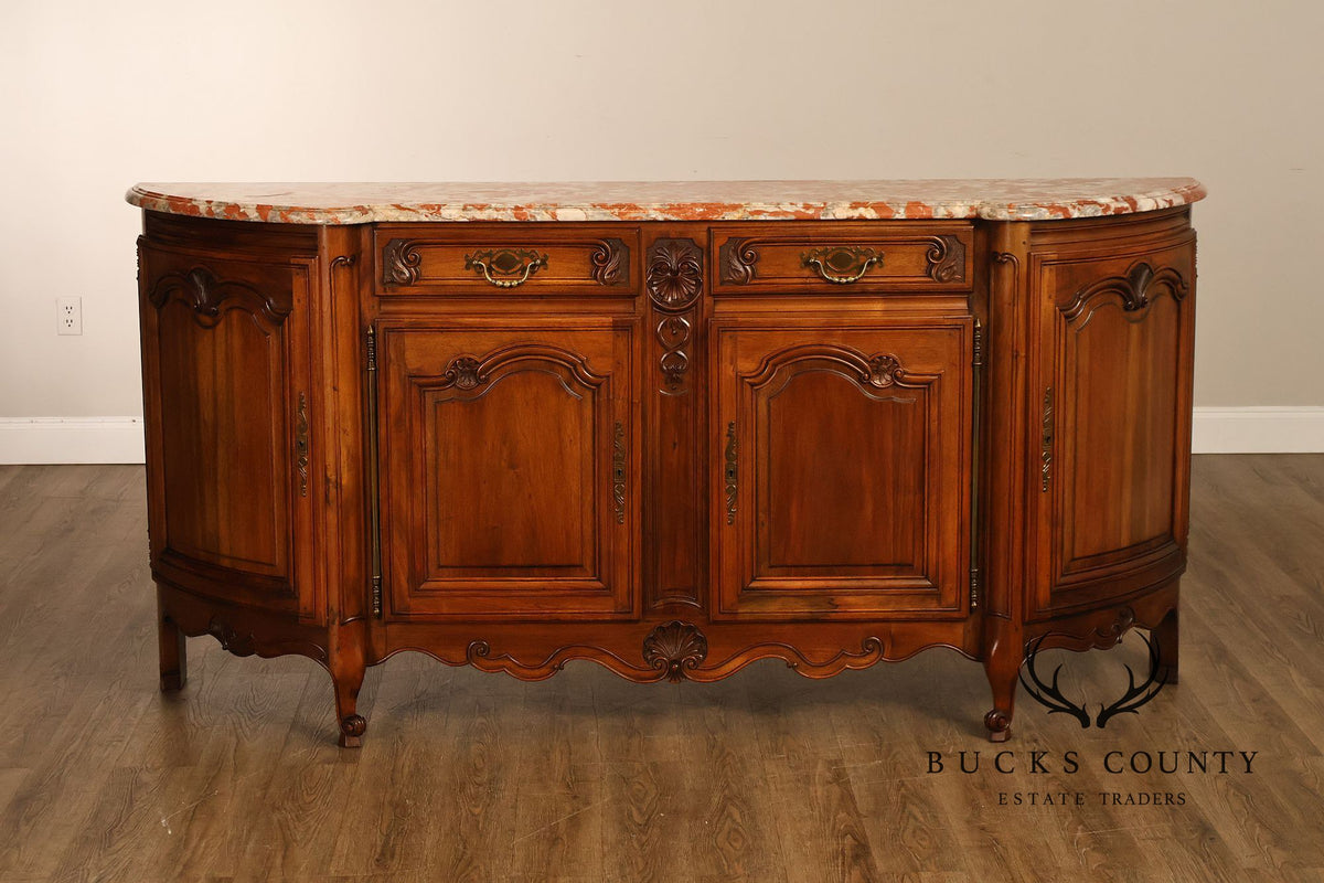 French Louis XV Style Carved Walnut Marble Top Buffet Sideboard