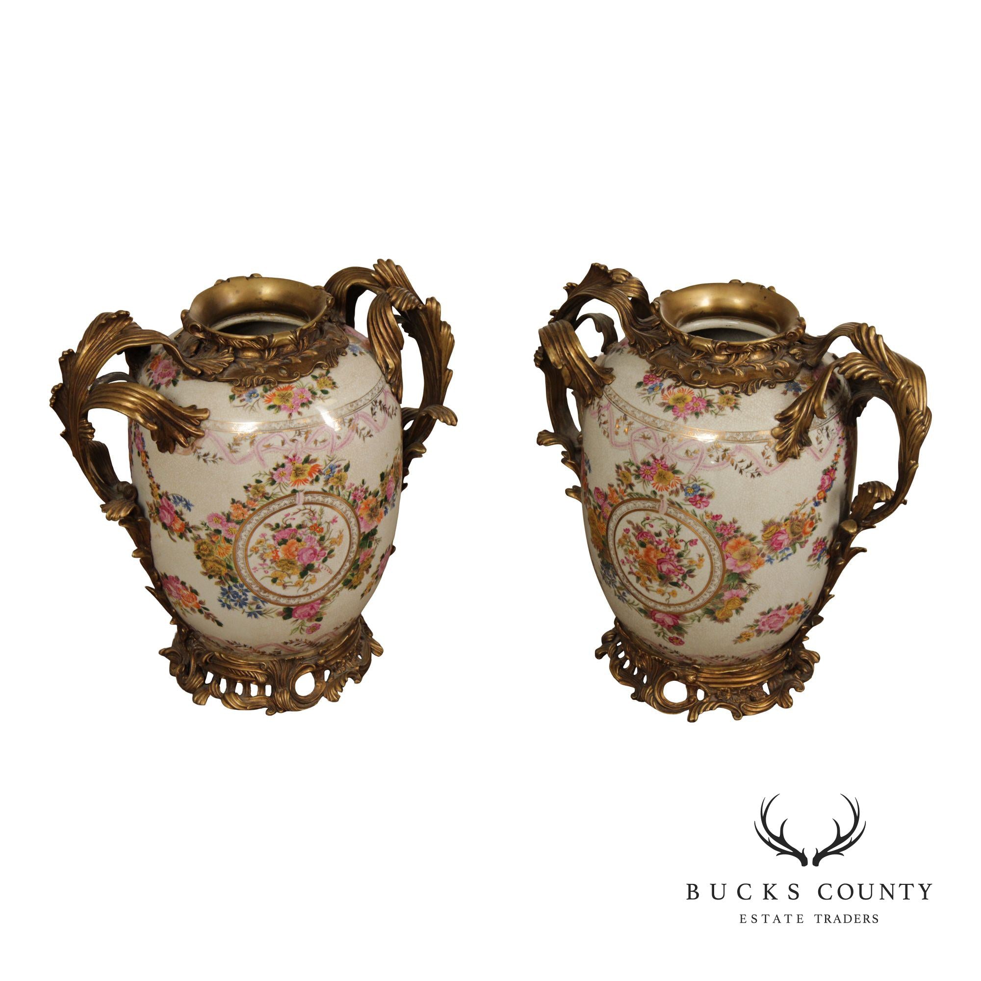 United Wilson Pair of Bronze Mounted Porcelain Vases