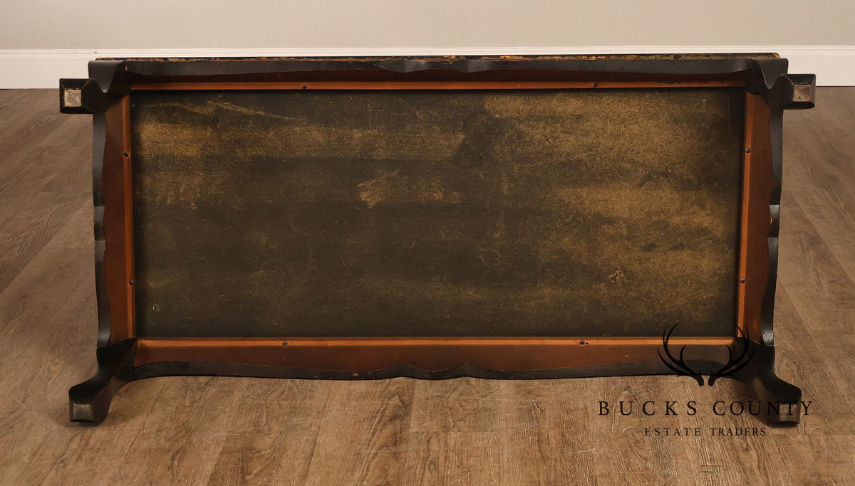 Asian Inspired Black Lacquer Coffee Table With Figural Inlay
