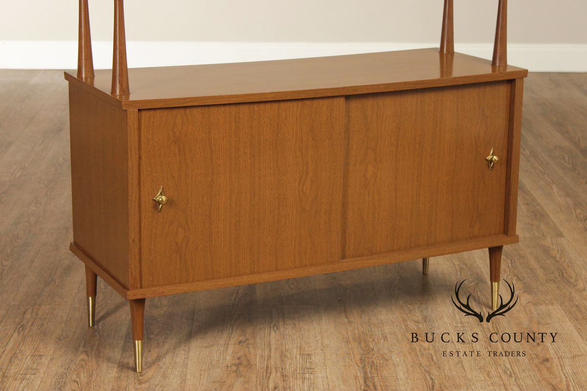 Mid Century Modern Walnut Room Divider Étagère With Brass Accents