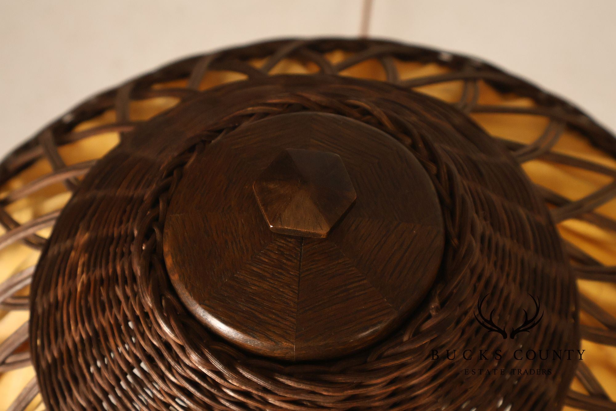 Antique Arts And Crafts Oak Table Lamp With Wicker Shade