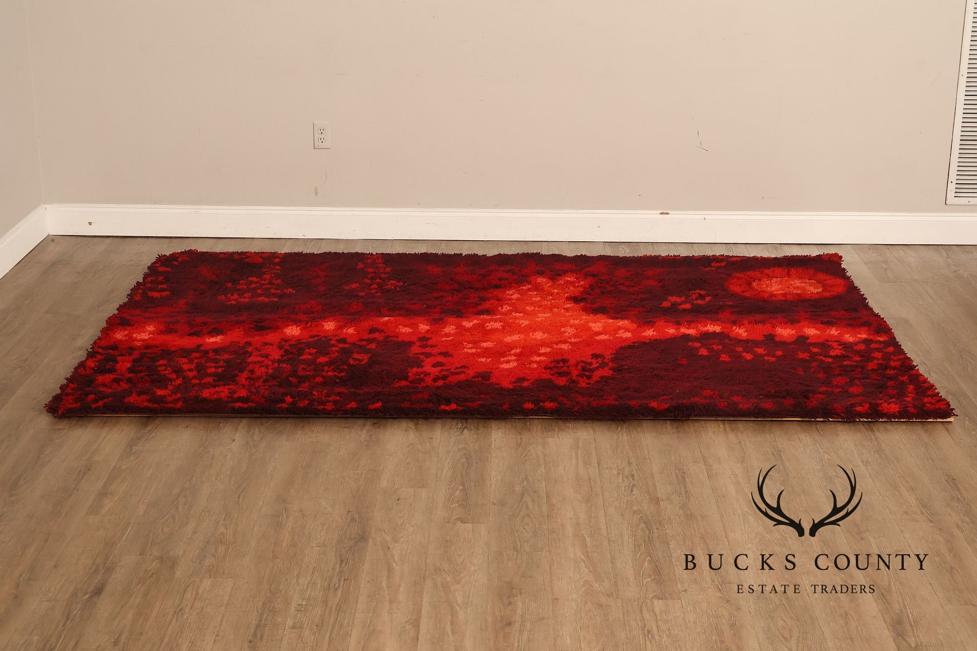 Mid Century Modern Scandinavian Rya Wool Abstract Red Shag Area Rug / Textile Wall Hanging by Ritva Puotila