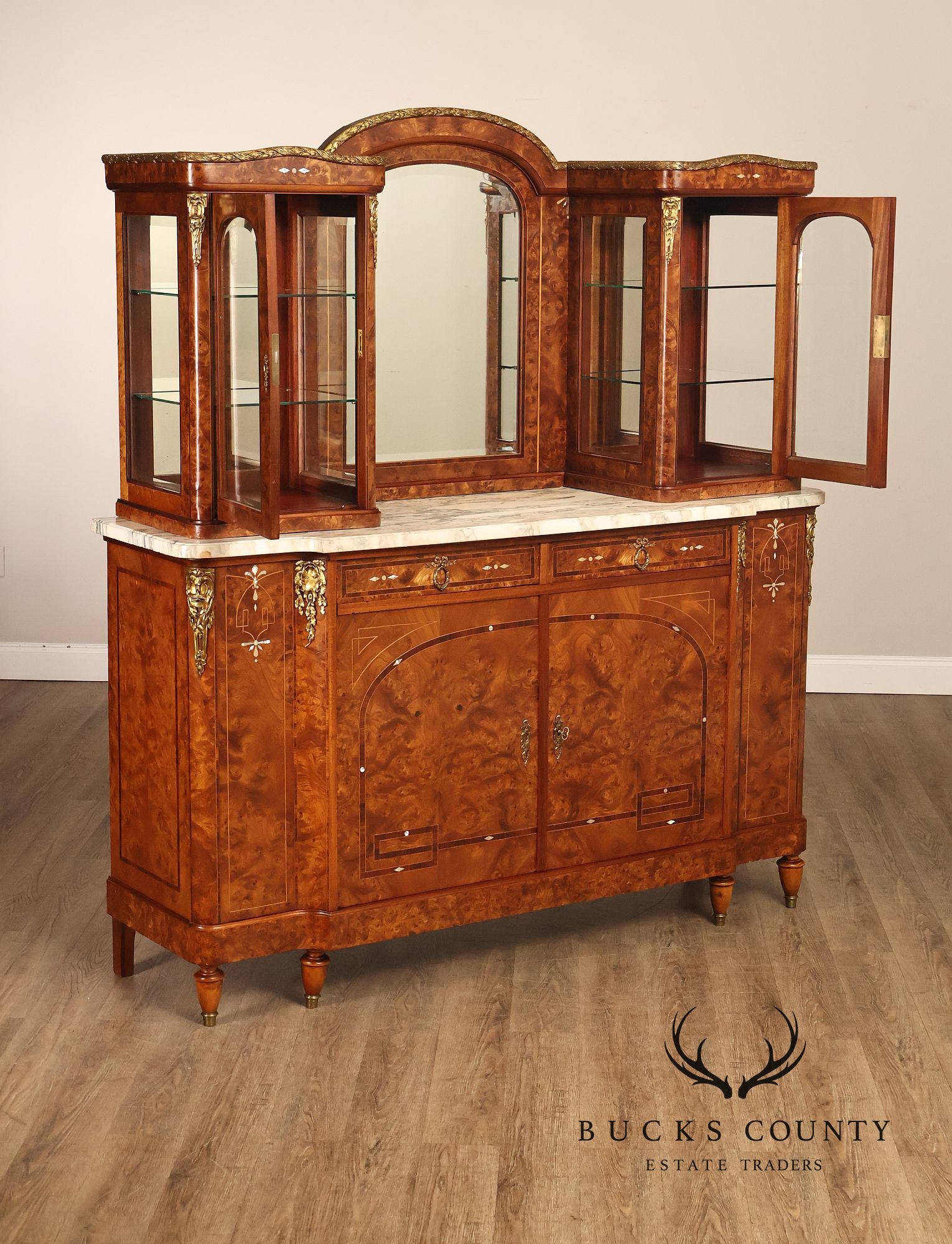 French Belle Époque Art Nouveau Burled Walnut Marble Top Sideboard With Display Cabinets