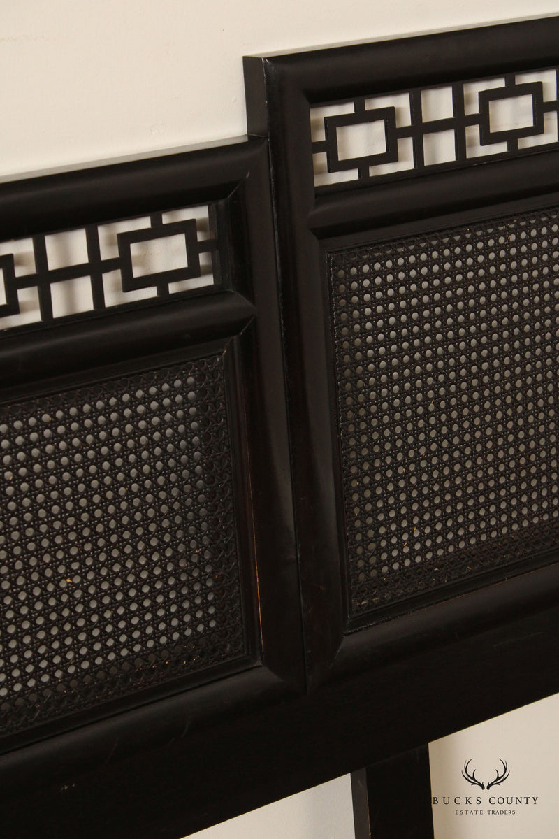 Century Asian Inspired Black Lacquered Cane Back King Size Headboard