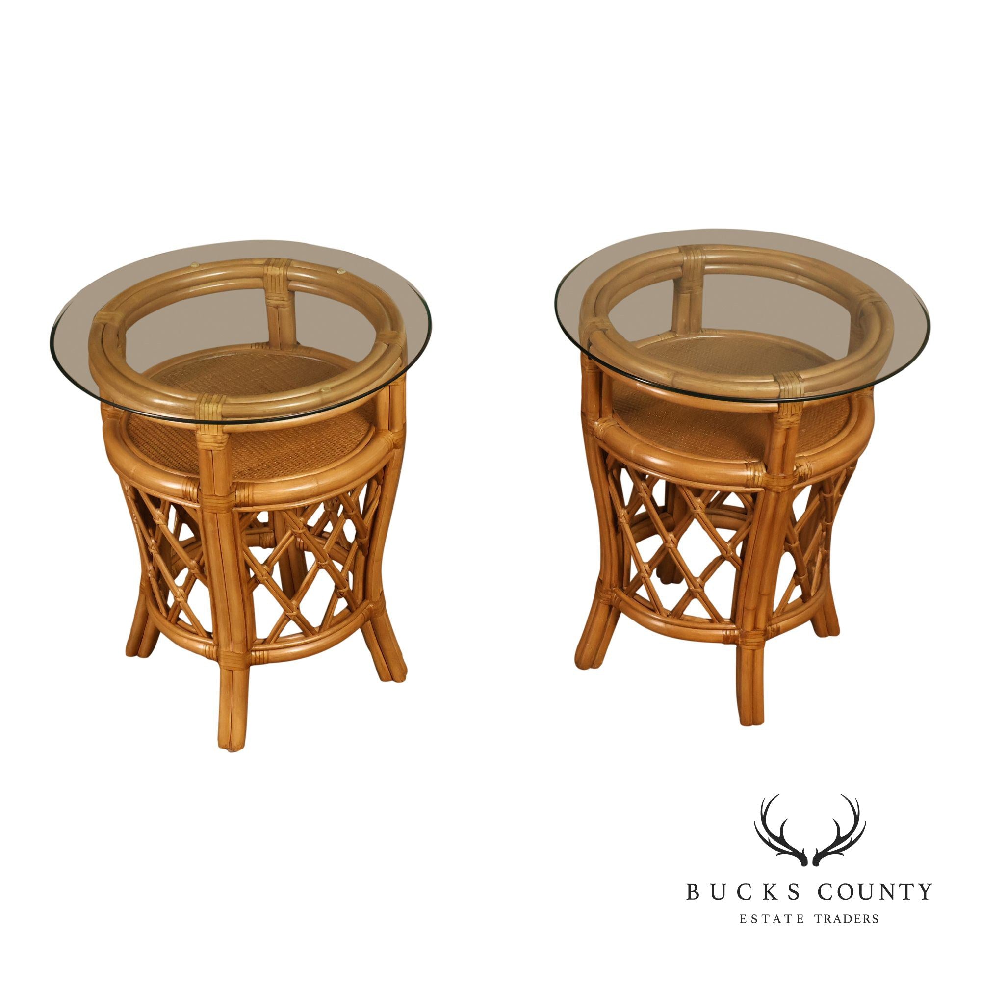 Boho Chic Pair of Round Glass Top Bamboo End Tables