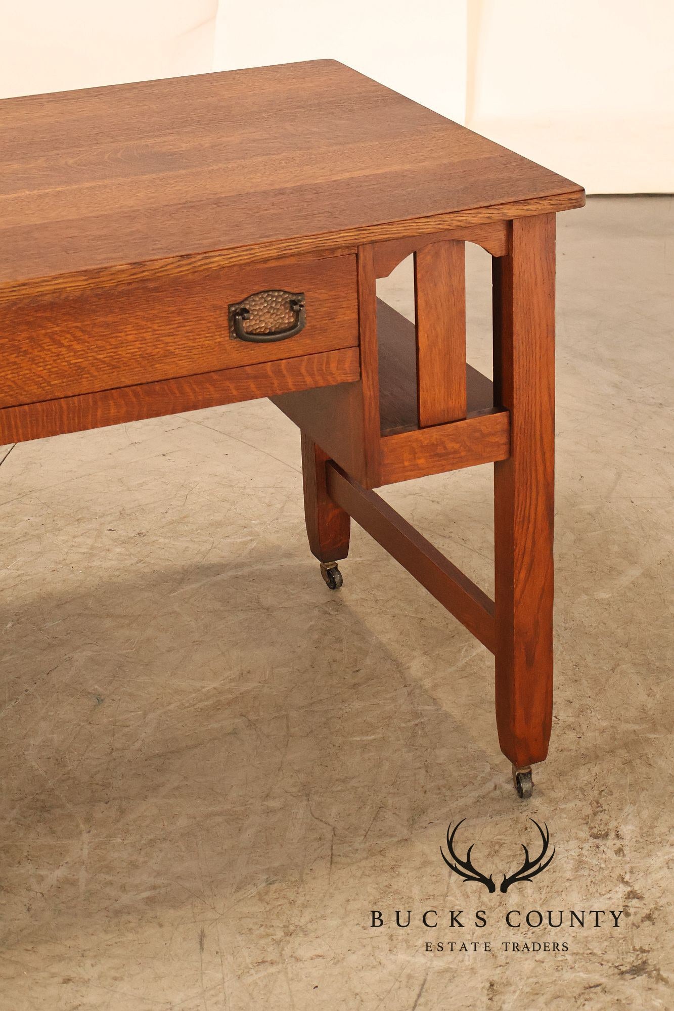 Antique Arts And Crafts Mission Oak Writing Desk With Built-In Side Bookcases