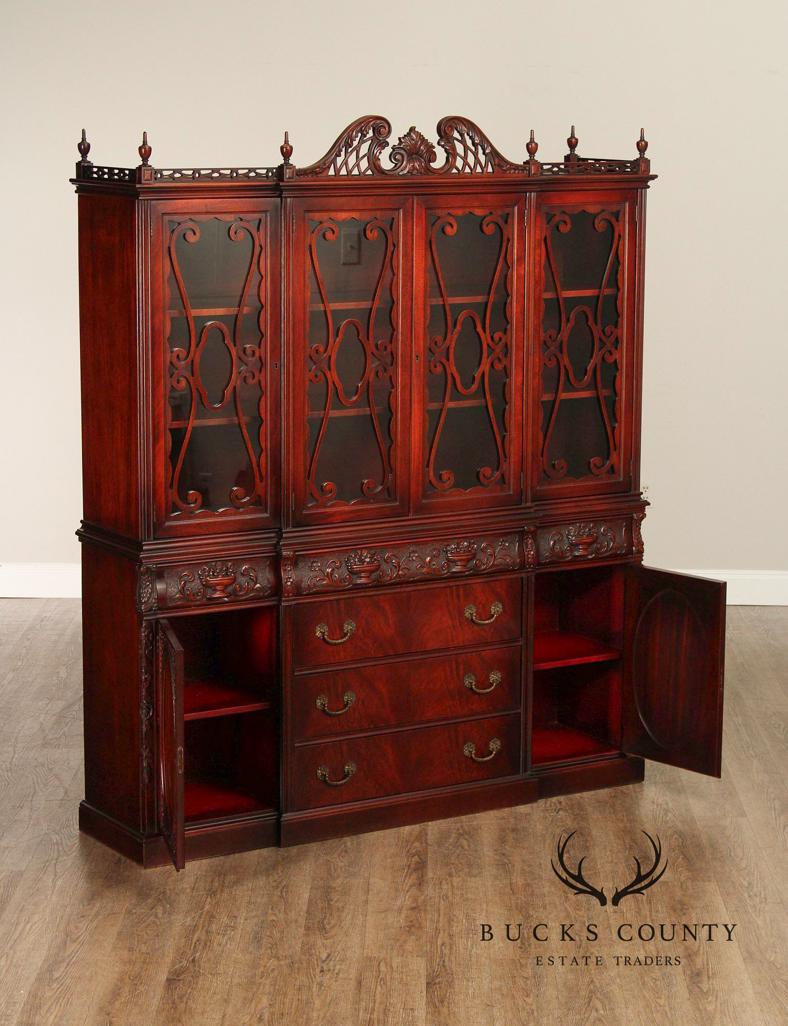 1940's Vintage Carved Mahogany China Cabinet