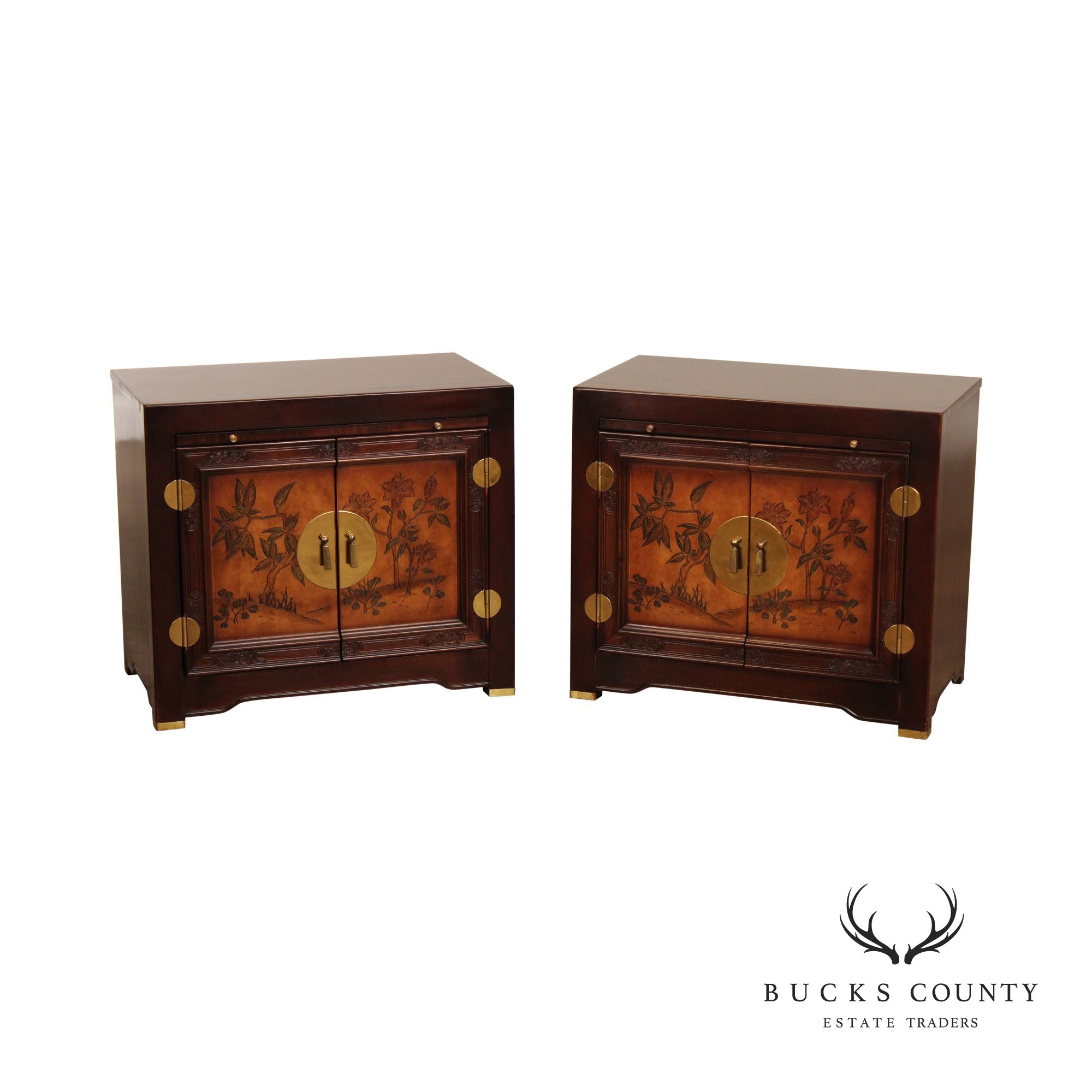 Asian Style Vintage Pair of Two Door Cabinet Nightstands