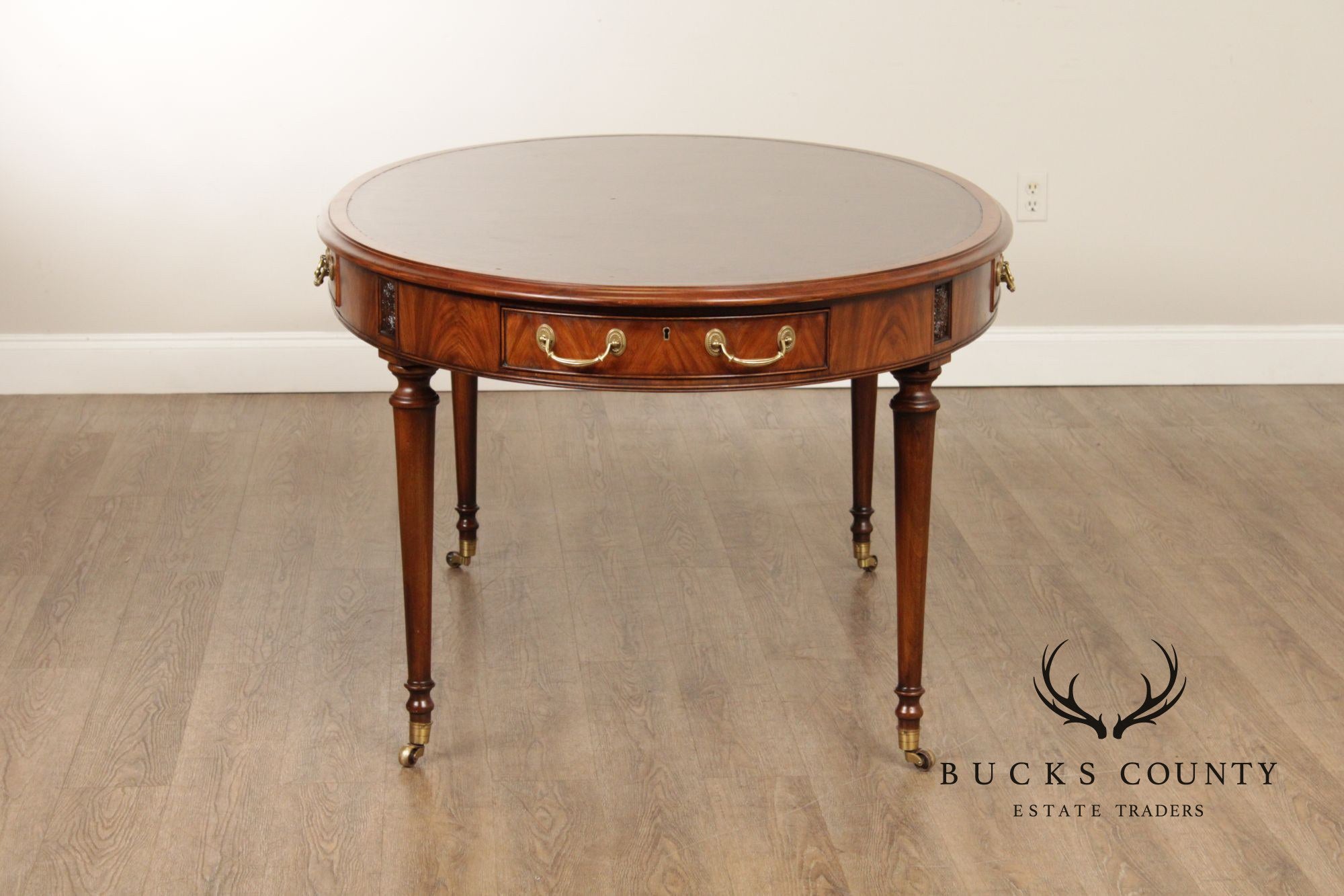 E.J. Victor Regency Style Mahogany Leather Top Oval Partners Desk Writing Table