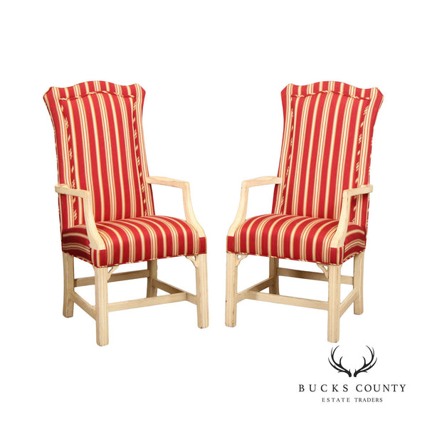 Chippendale Style Pair of Distressed Painted Frame Upholstered Armchairs