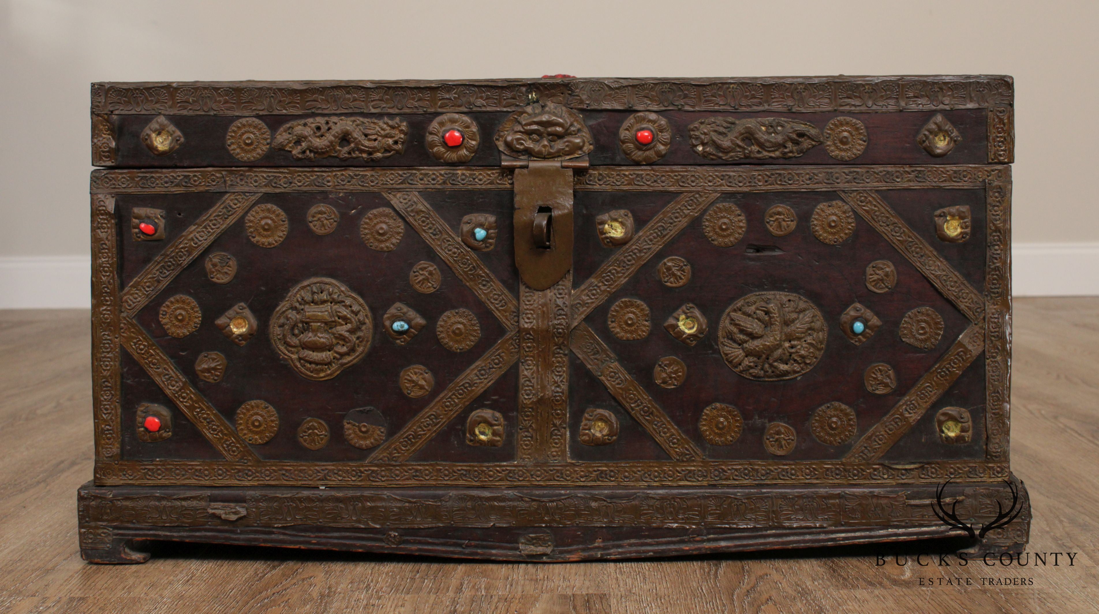 19th Century Tibetan Turquoise and Red Coral Decorated Travel Chest