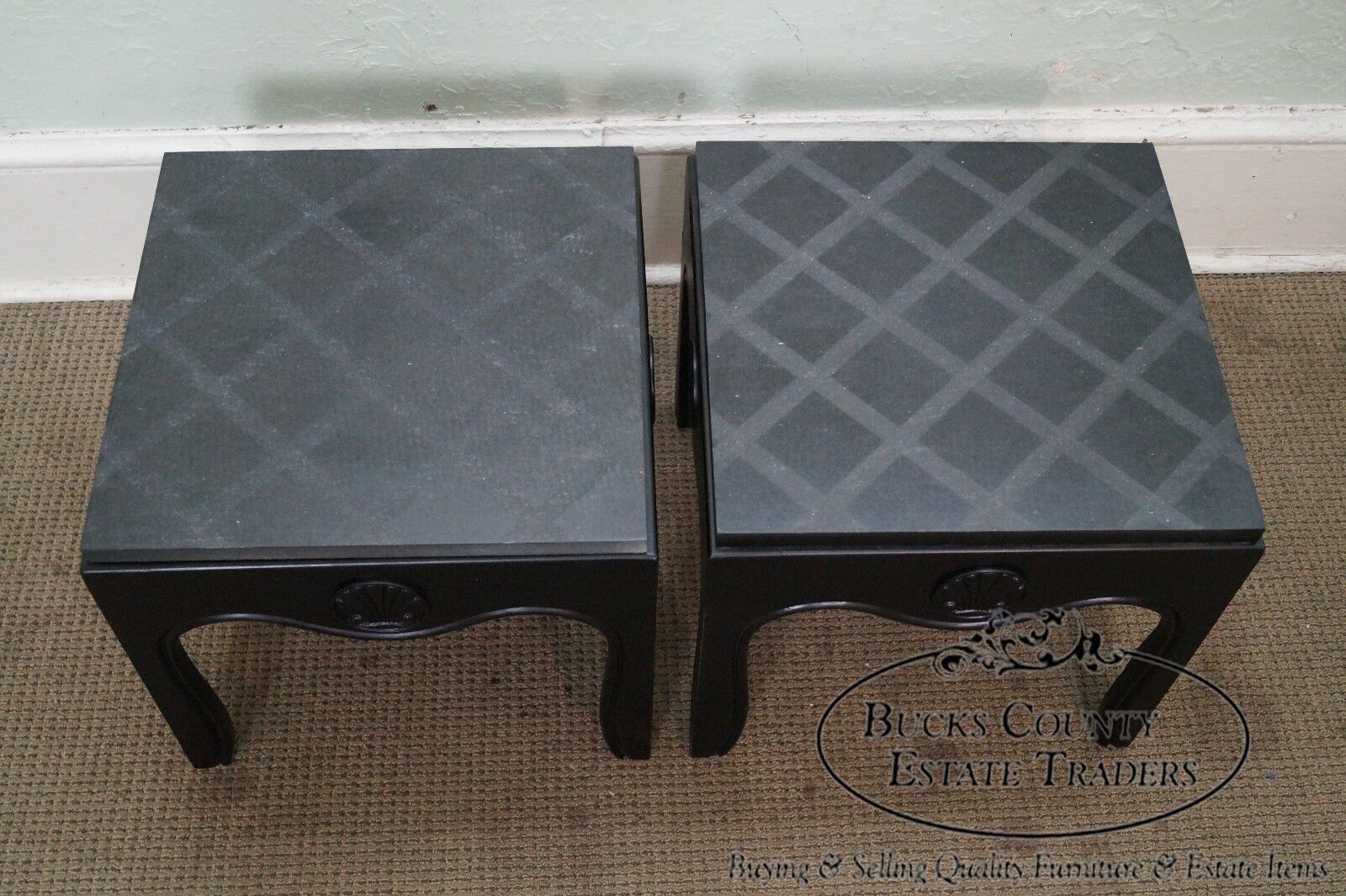 Mid Century Pair of Ebonized Black Low Slate Top Side Tables