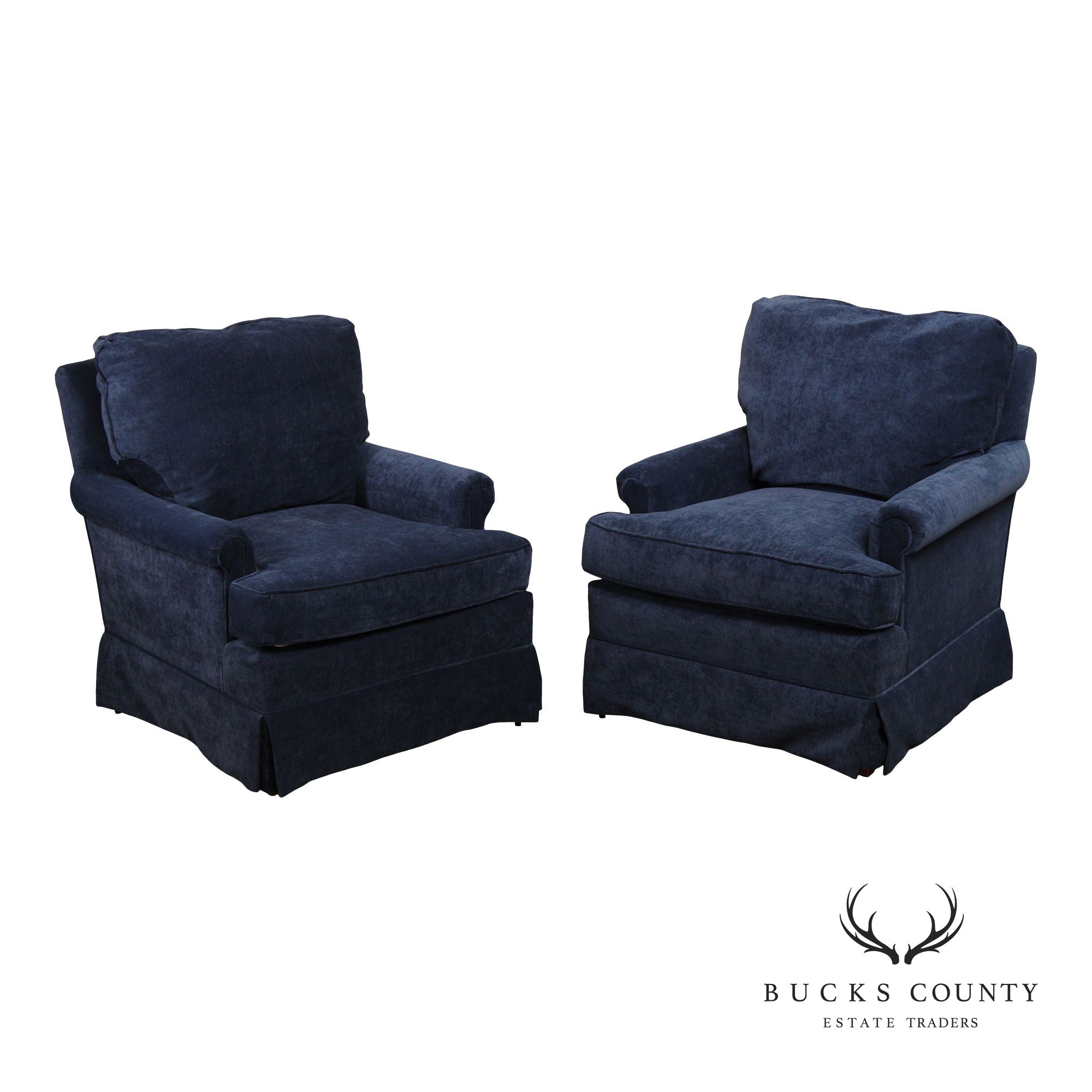 Quality Navy Blue Custom Upholstered Pair Of Armchairs